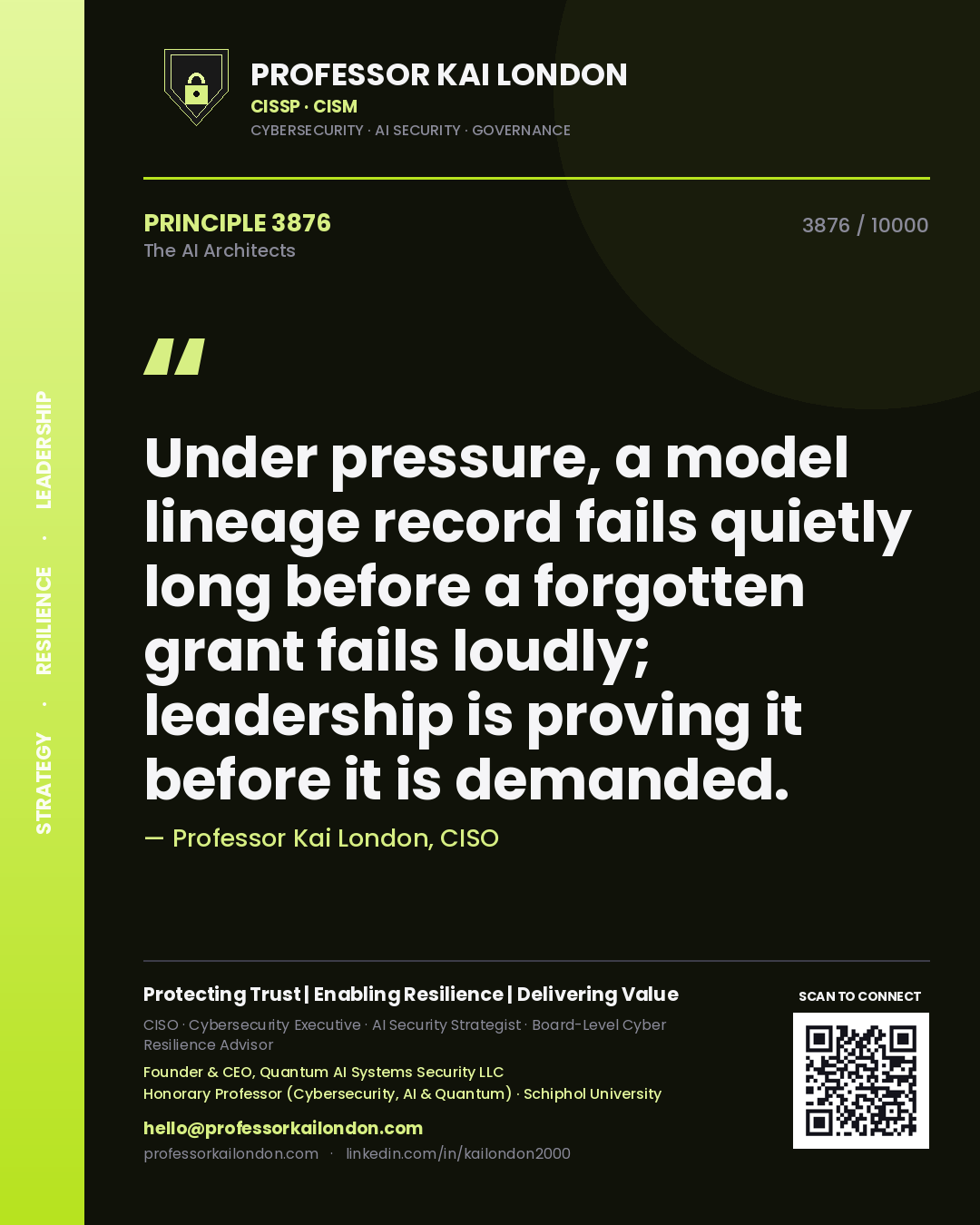 Quote card by Professor Kai London reading 'Under pressure, a model lineage record fails quietly long before a forgotten grant fails loudly; leadership is proving it before it is demanded.'. From the book The AI Architects.