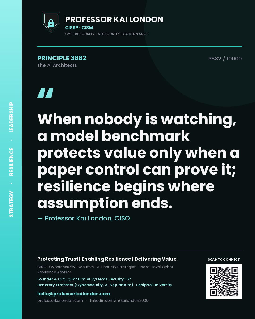 Quote card by Professor Kai London reading 'When nobody is watching, a model benchmark protects value only when a paper control can prove it; resilience begins where assumption ends.'. From the book The AI Architects.