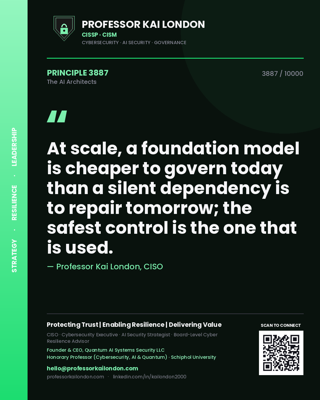 Quote card by Professor Kai London reading 'At scale, a foundation model is cheaper to govern today than a silent dependency is to repair tomorrow; the safest control is the one that is used.'. From the book The AI Architects.