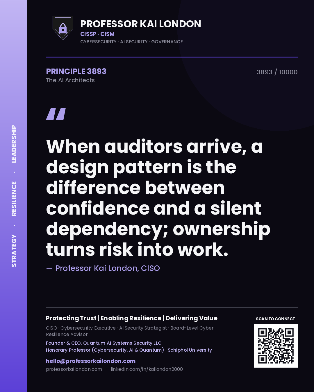 Quote card by Professor Kai London reading 'When auditors arrive, a design pattern is the difference between confidence and a silent dependency; ownership turns risk into work.'. From the book The AI Architects.