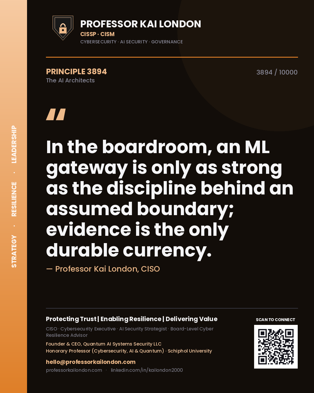 Quote card by Professor Kai London reading 'In the boardroom, an ML gateway is only as strong as the discipline behind an assumed boundary; evidence is the only durable currency.'. From the book The AI Architects.