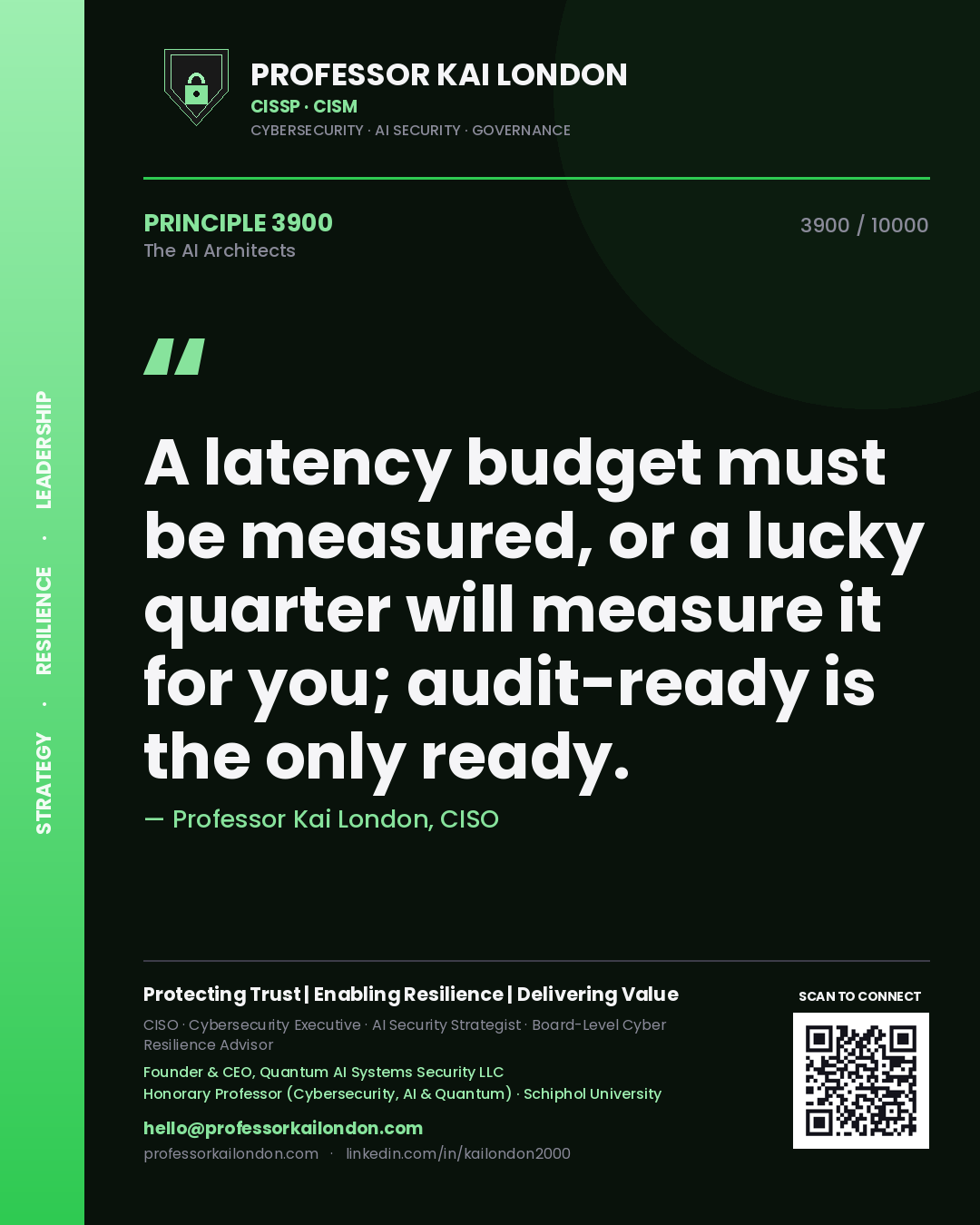 Quote card by Professor Kai London reading 'A latency budget must be measured, or a lucky quarter will measure it for you; audit-ready is the only ready.'. From the book The AI Architects.