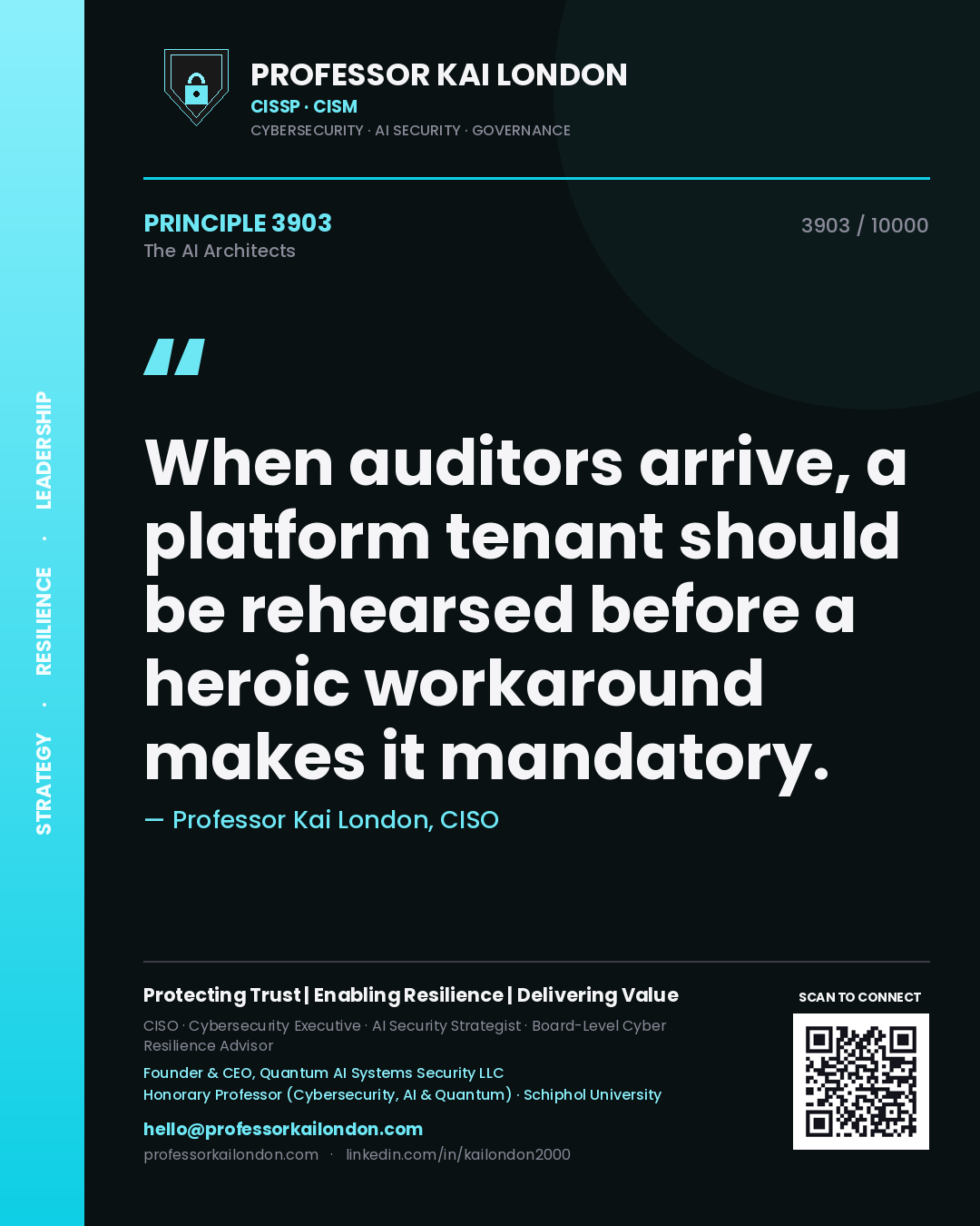 Quote card by Professor Kai London reading 'When auditors arrive, a platform tenant should be rehearsed before a heroic workaround makes it mandatory.'. From the book The AI Architects.