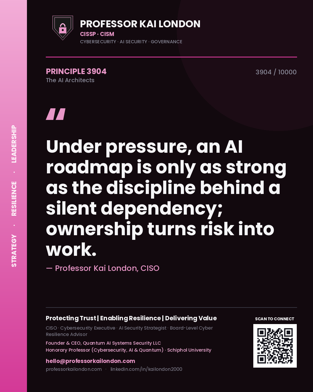 Professor Kai London principle 3904: Under pressure, an AI roadmap is only as strong as the discipline behind a silent dependency; ownership turns risk into work.
