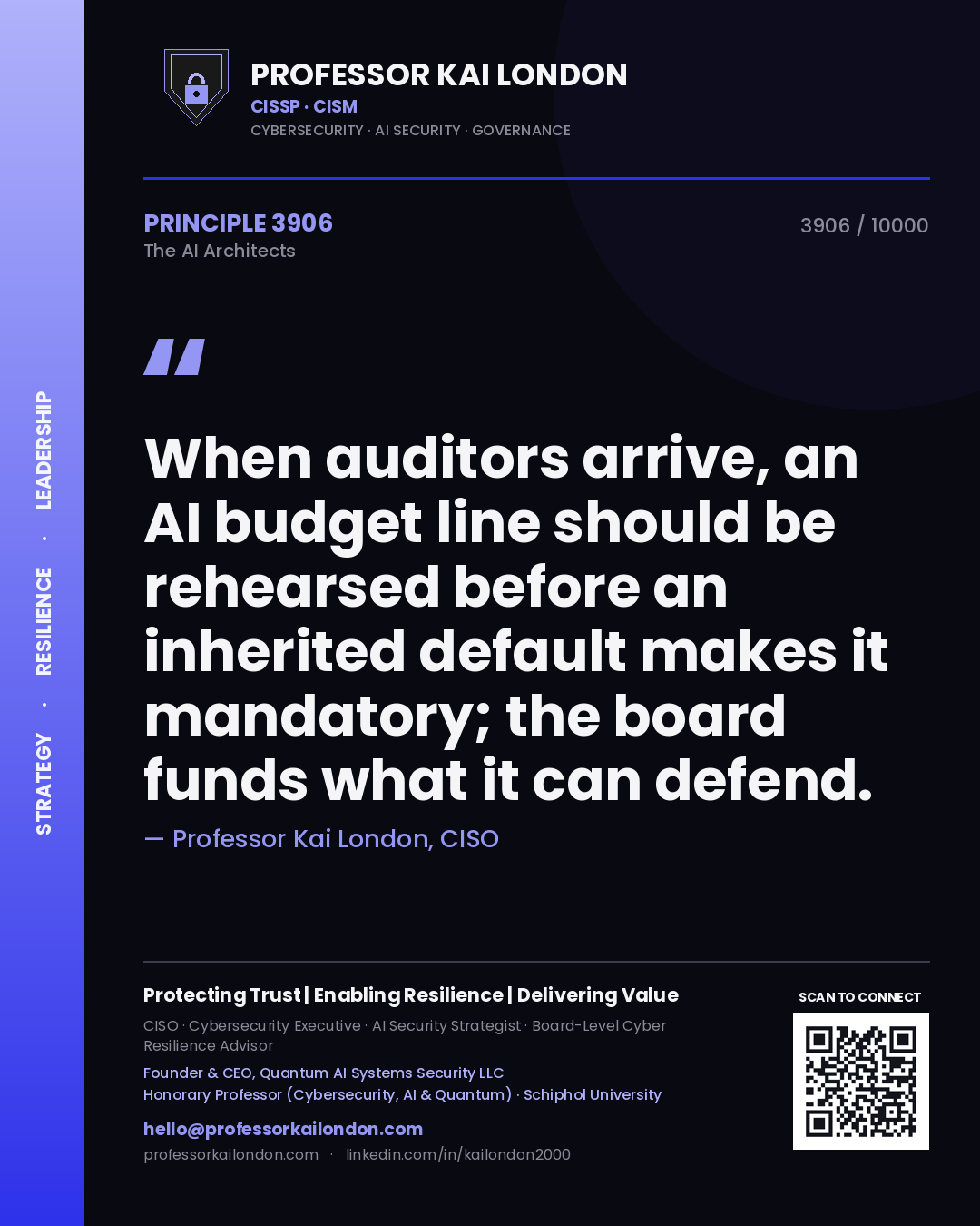 Professor Kai London principle 3906: When auditors arrive, an AI budget line should be rehearsed before an inherited default makes it mandatory; the board funds what it can defend.