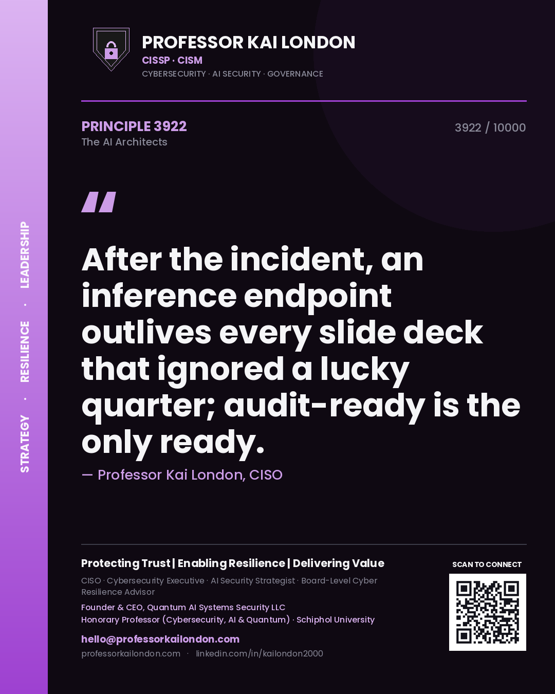 Quote card by Professor Kai London reading 'After the incident, an inference endpoint outlives every slide deck that ignored a lucky quarter; audit-ready is the only ready.'. From the book The AI Architects.