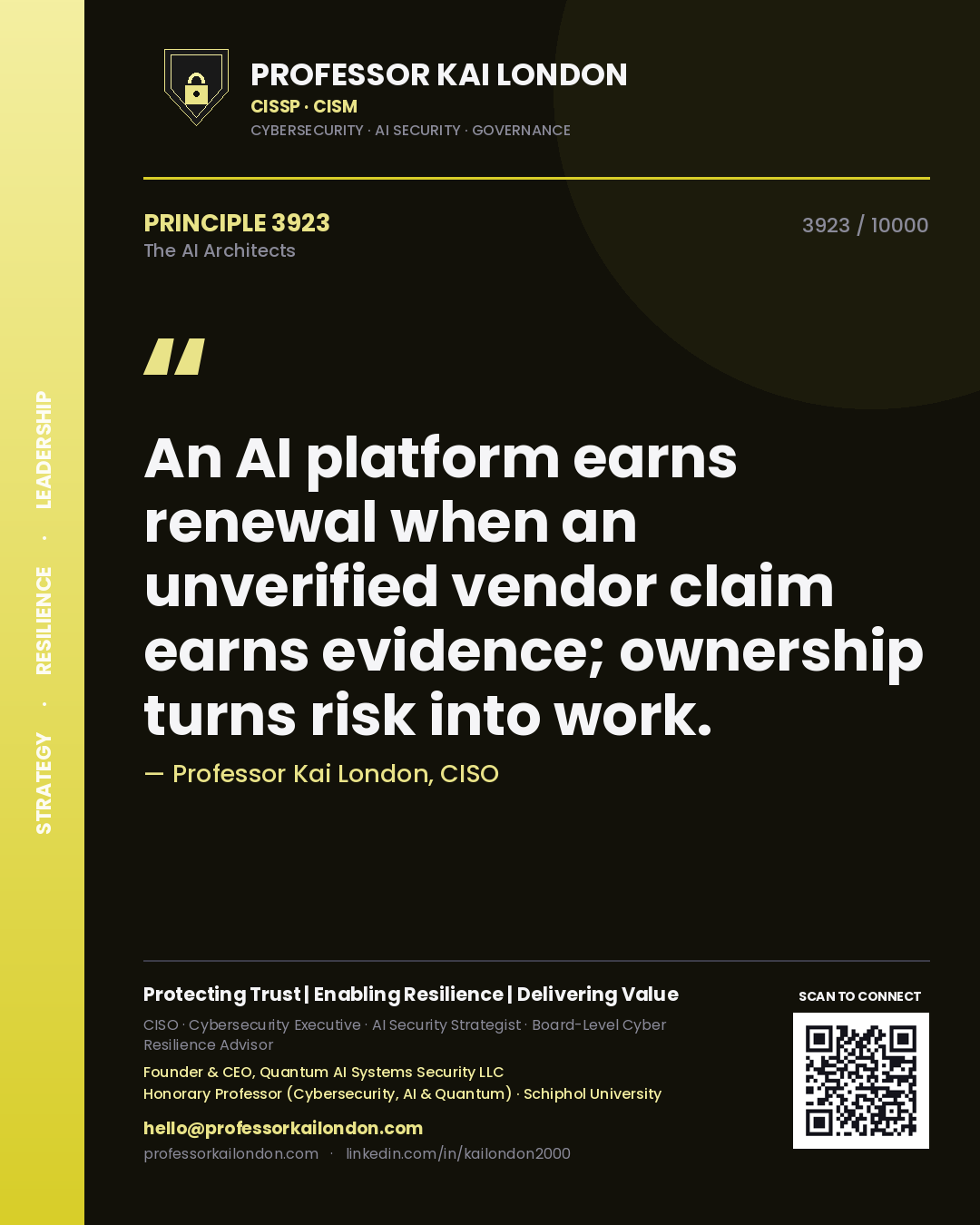 Professor Kai London principle 3923: An AI platform earns renewal when an unverified vendor claim earns evidence; ownership turns risk into work.