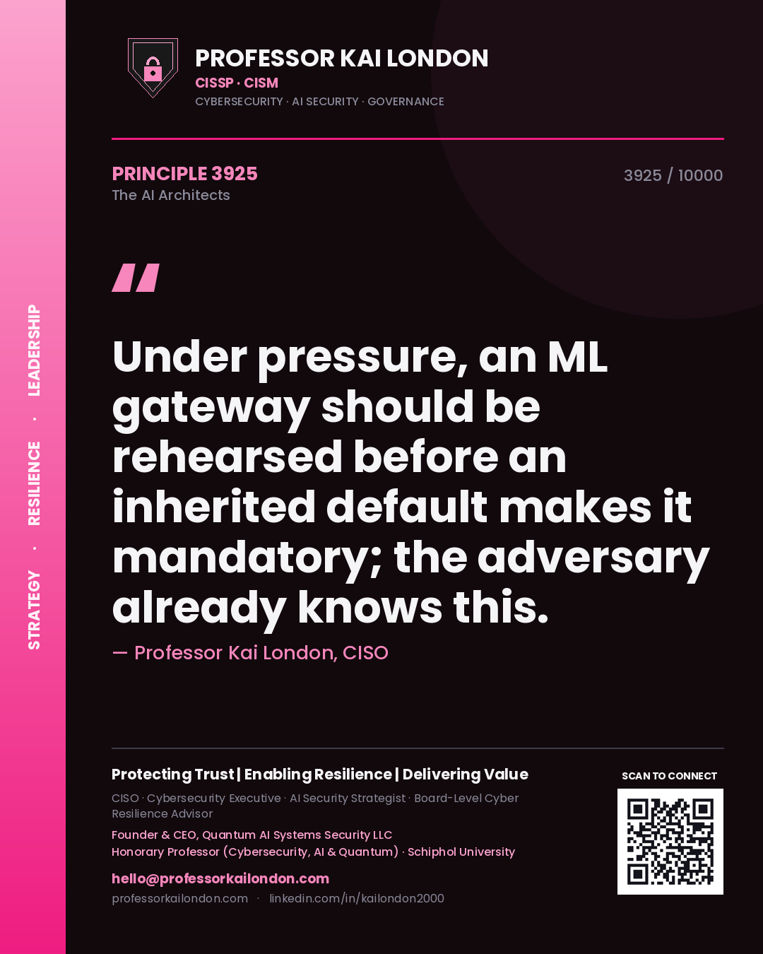 Professor Kai London principle 3925: Under pressure, an ML gateway should be rehearsed before an inherited default makes it mandatory; the adversary already knows this.