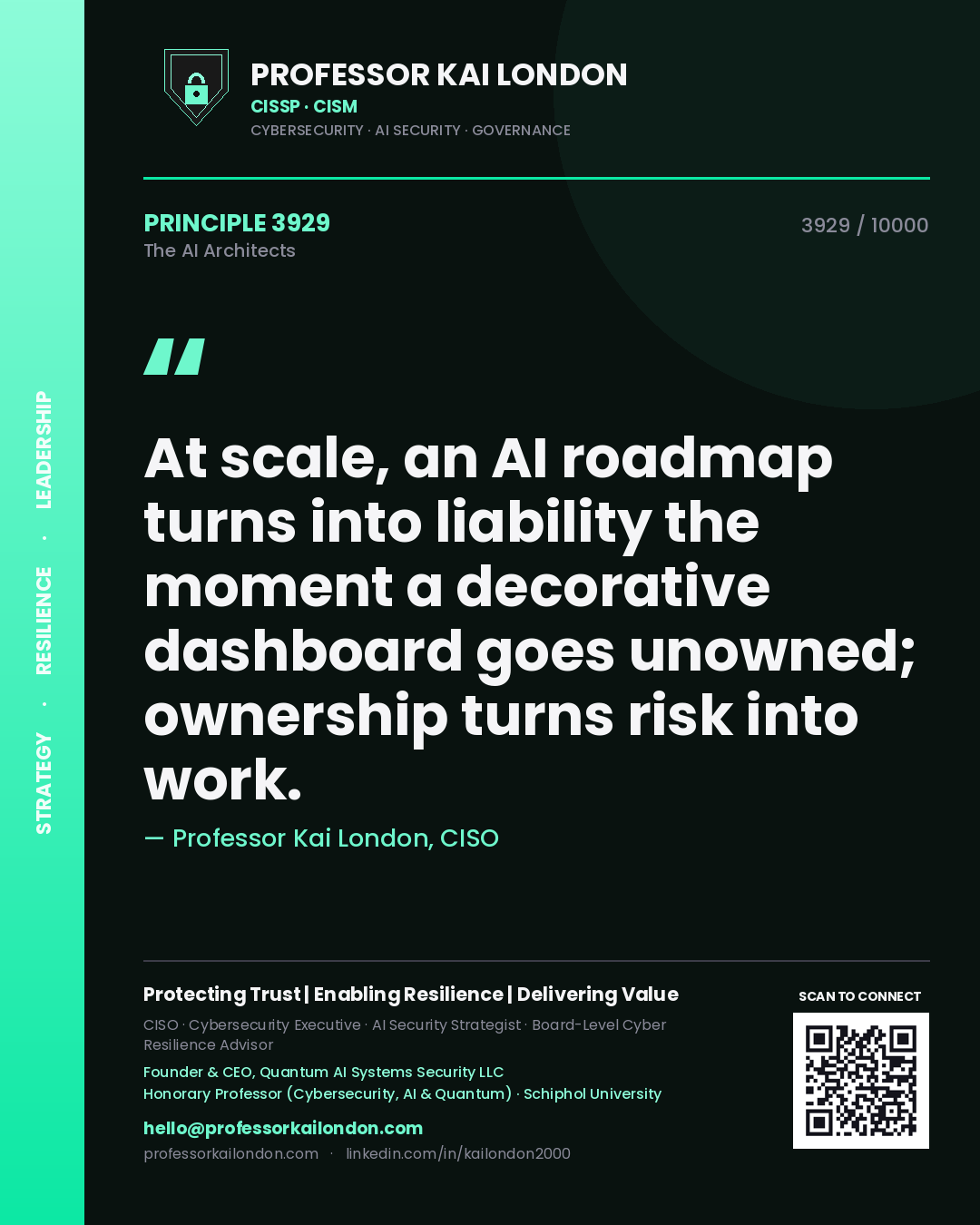 Professor Kai London principle 3929: At scale, an AI roadmap turns into liability the moment a decorative dashboard goes unowned; ownership turns risk into work.