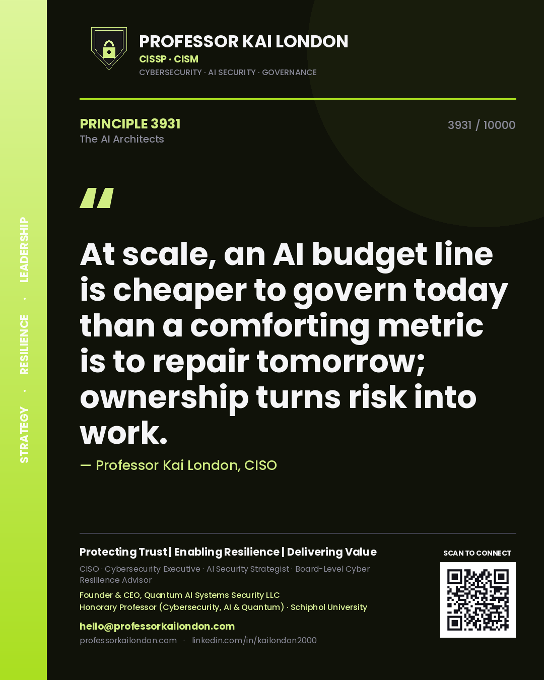 Professor Kai London principle 3931: At scale, an AI budget line is cheaper to govern today than a comforting metric is to repair tomorrow; ownership turns risk into work.