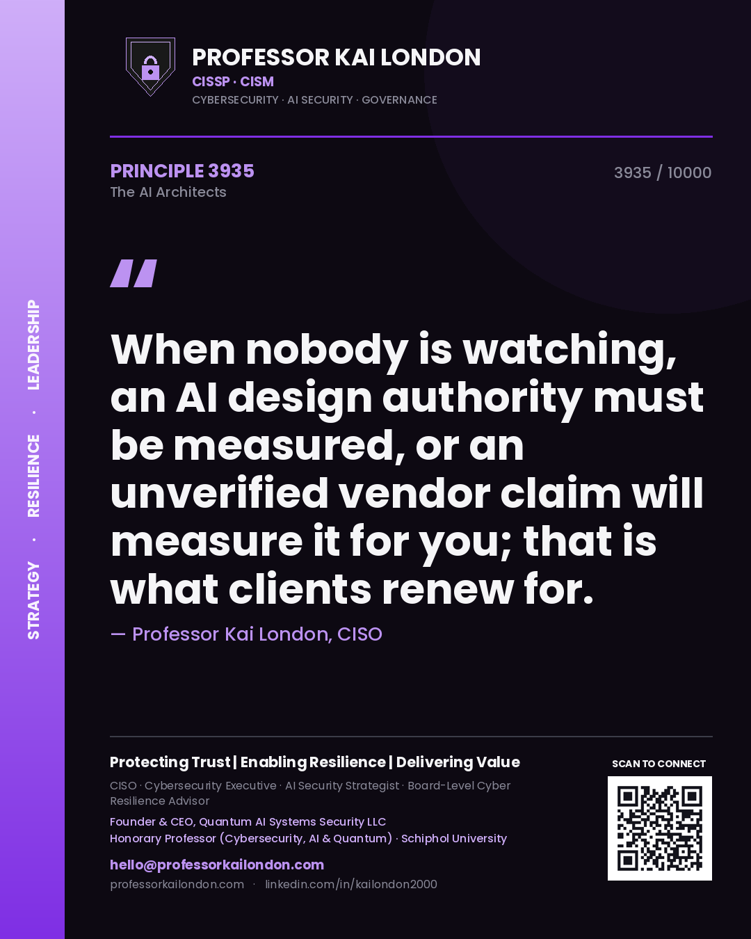 Professor Kai London principle 3935: When nobody is watching, an AI design authority must be measured, or an unverified vendor claim will measure it for you; that is what clients renew for.