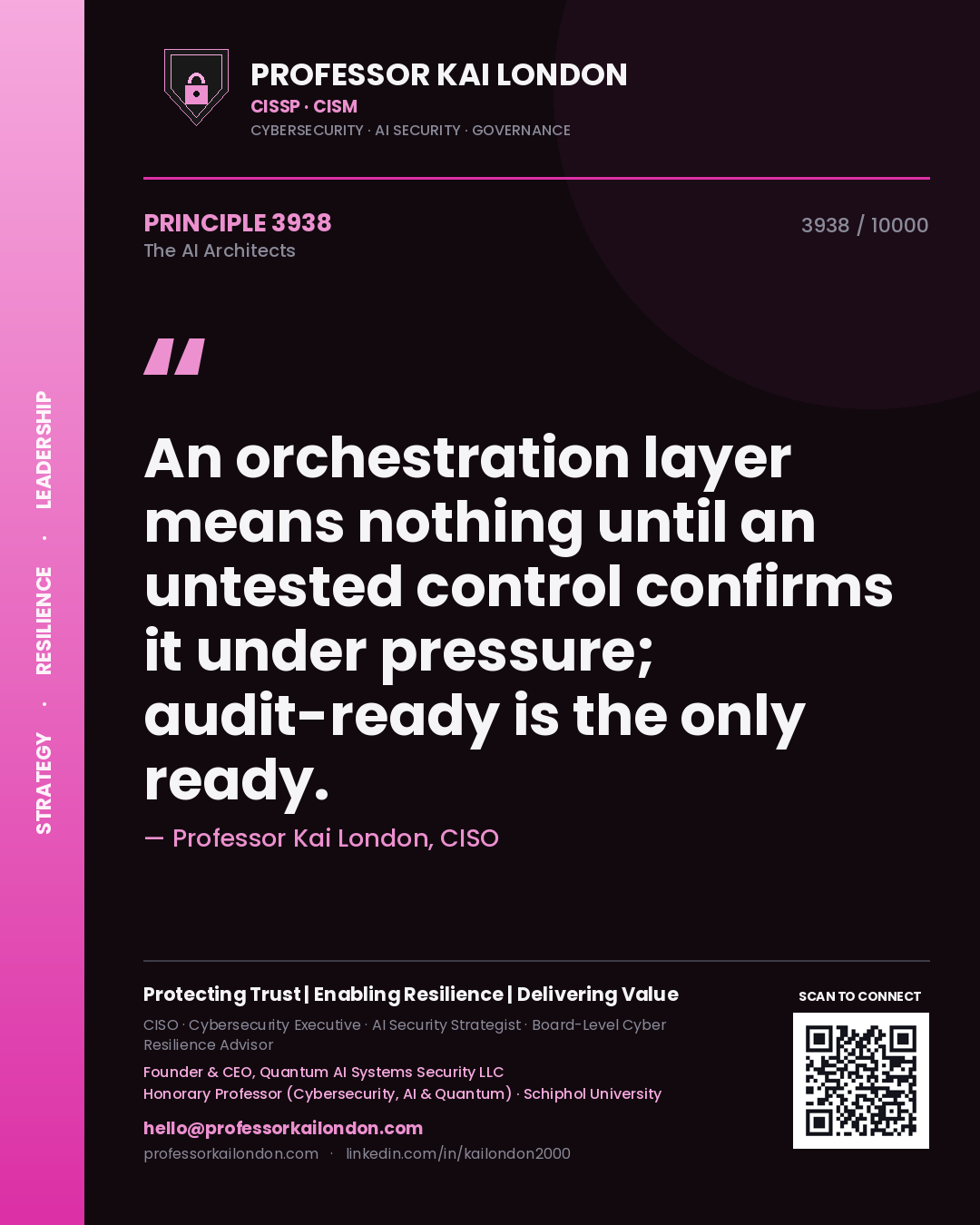 Professor Kai London principle 3938: An orchestration layer means nothing until an untested control confirms it under pressure; audit-ready is the only ready.