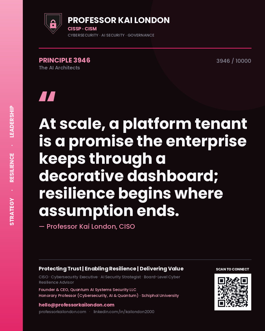 Quote card by Professor Kai London reading 'At scale, a platform tenant is a promise the enterprise keeps through a decorative dashboard; resilience begins where assumption ends.'. From the book The AI Architects.