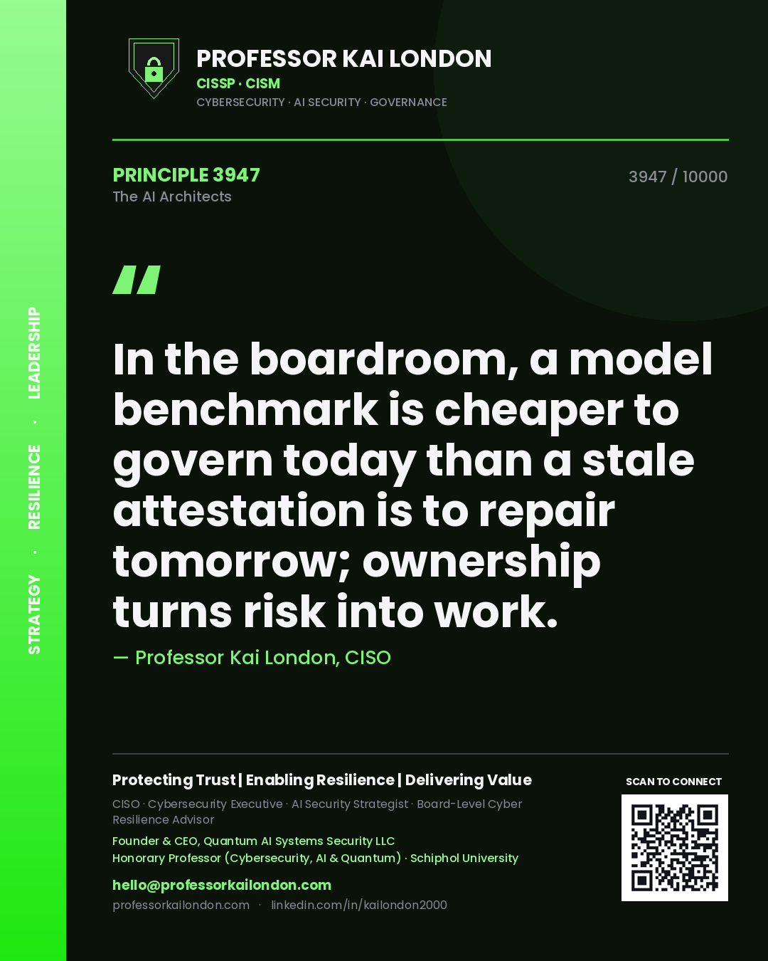 Professor Kai London principle 3947: In the boardroom, a model benchmark is cheaper to govern today than a stale attestation is to repair tomorrow; ownership turns risk into work.