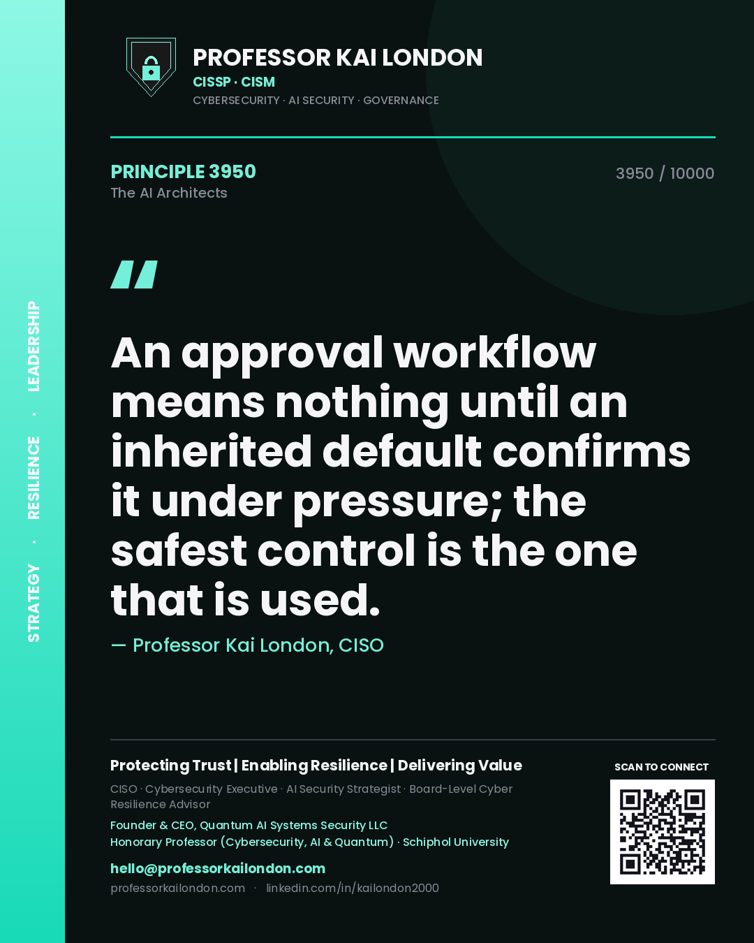 Professor Kai London principle 3950: An approval workflow means nothing until an inherited default confirms it under pressure; the safest control is the one that is used.