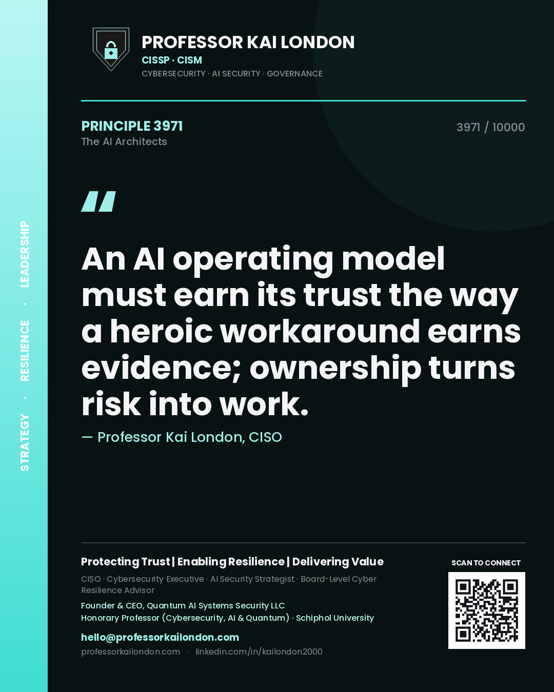 Professor Kai London principle 3971: An AI operating model must earn its trust the way a heroic workaround earns evidence; ownership turns risk into work.