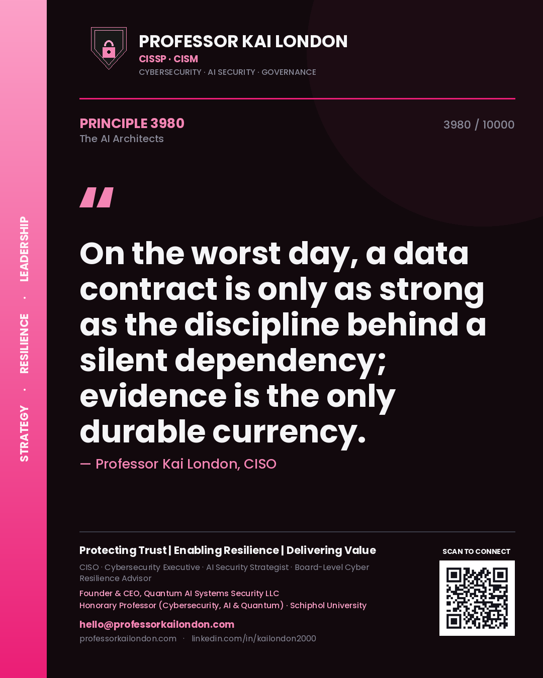 Quote card by Professor Kai London reading 'On the worst day, a data contract is only as strong as the discipline behind a silent dependency; evidence is the only durable currency.'. From the book The AI Architects.