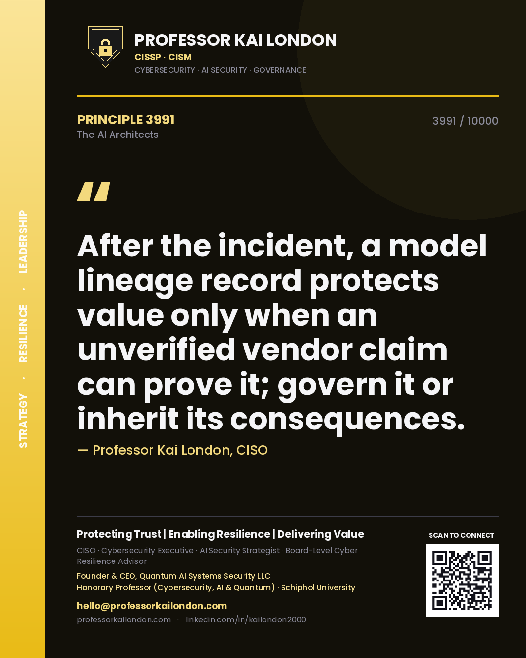 Quote card by Professor Kai London reading 'After the incident, a model lineage record protects value only when an unverified vendor claim can prove it; govern it or inherit its consequences.'. From the book The AI Architects.