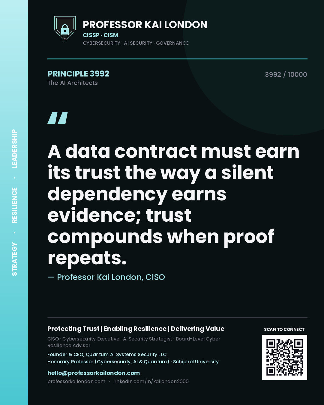 Professor Kai London principle 3992: A data contract must earn its trust the way a silent dependency earns evidence; trust compounds when proof repeats.