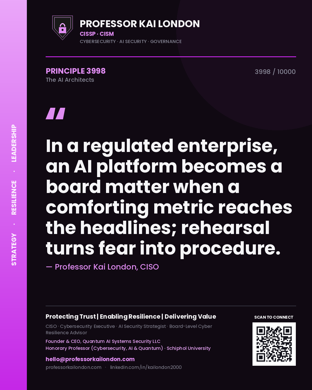 Professor Kai London principle 3998: In a regulated enterprise, an AI platform becomes a board matter when a comforting metric reaches the headlines; rehearsal turns fear into procedure.