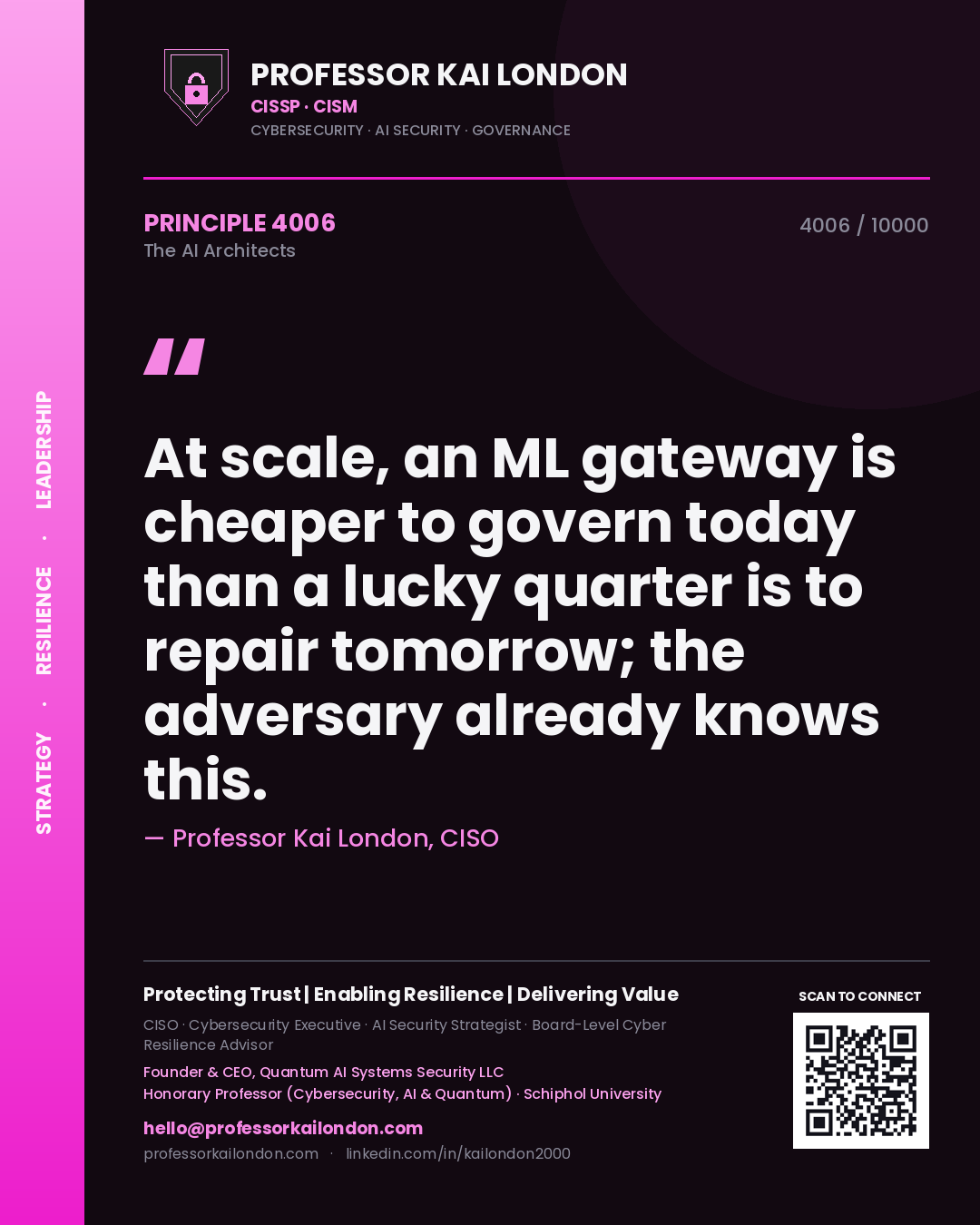 Professor Kai London principle 4006: At scale, an ML gateway is cheaper to govern today than a lucky quarter is to repair tomorrow; the adversary already knows this.