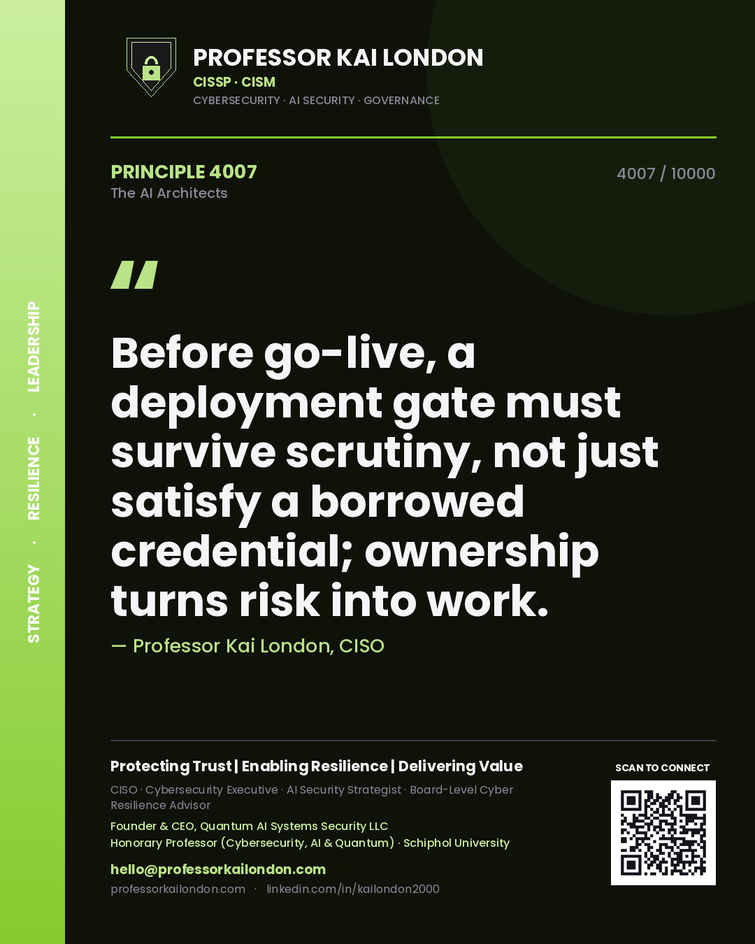 Quote card by Professor Kai London reading 'Before go-live, a deployment gate must survive scrutiny, not just satisfy a borrowed credential; ownership turns risk into work.'. From the book The AI Architects.