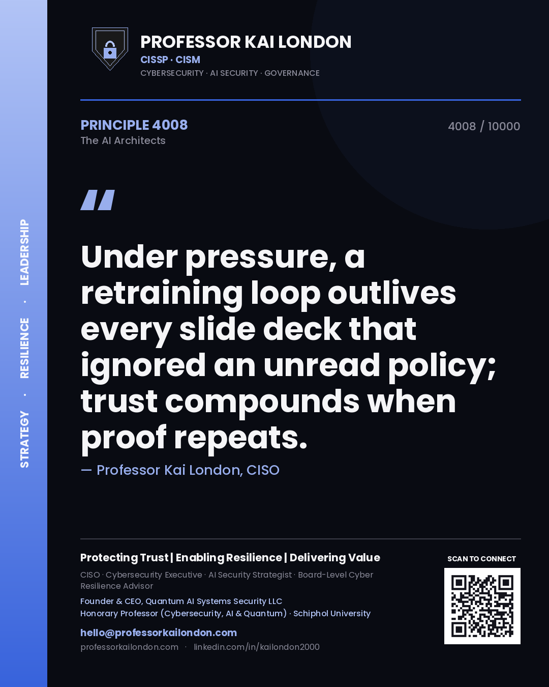 Quote card by Professor Kai London reading 'Under pressure, a retraining loop outlives every slide deck that ignored an unread policy; trust compounds when proof repeats.'. From the book The AI Architects.