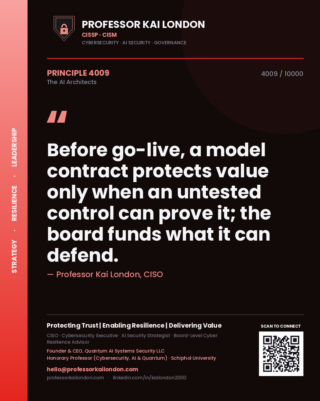 Quote card by Professor Kai London reading 'Before go-live, a model contract protects value only when an untested control can prove it; the board funds what it can defend.'. From the book The AI Architects.