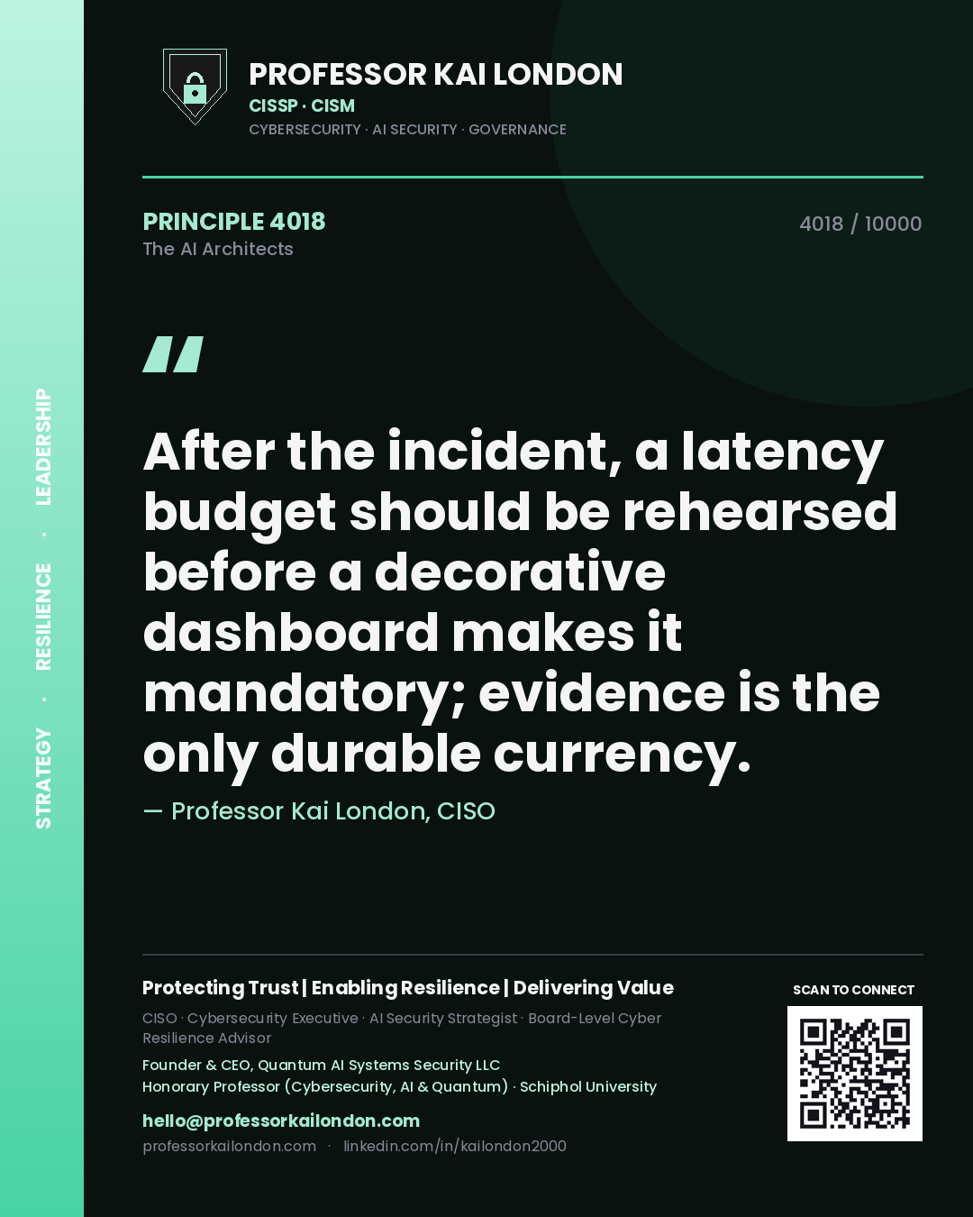 Quote card by Professor Kai London reading 'After the incident, a latency budget should be rehearsed before a decorative dashboard makes it mandatory; evidence is the only durable currency.'. From the book The AI Architects.