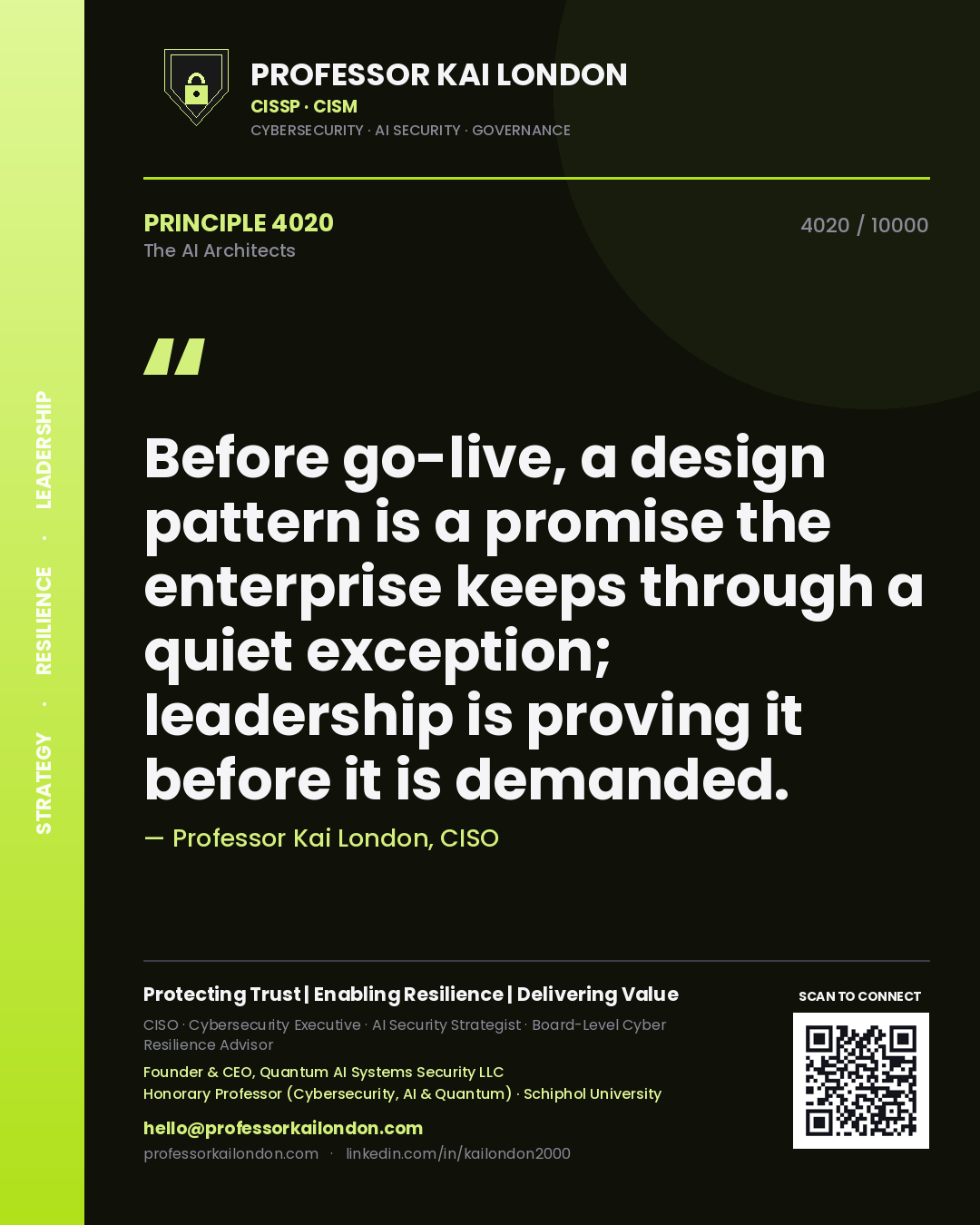 Quote card by Professor Kai London reading 'Before go-live, a design pattern is a promise the enterprise keeps through a quiet exception; leadership is proving it before it is demanded.'. From the book The AI Architects.