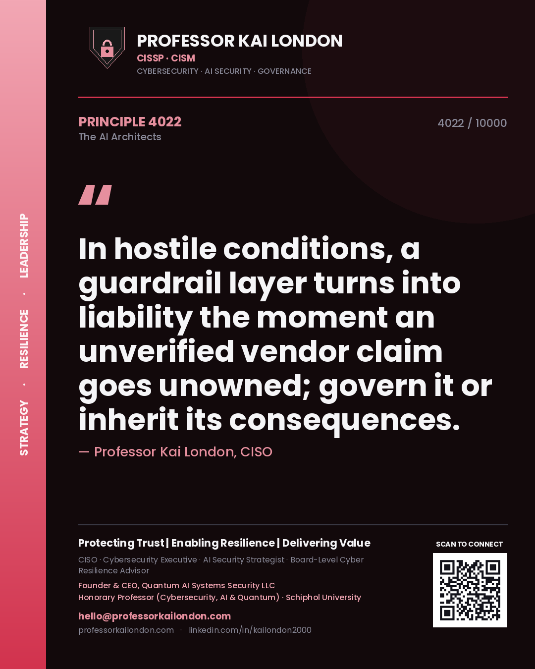 Quote card by Professor Kai London reading 'In hostile conditions, a guardrail layer turns into liability the moment an unverified vendor claim goes unowned; govern it or inherit its consequences.'. From the book The AI Architects.