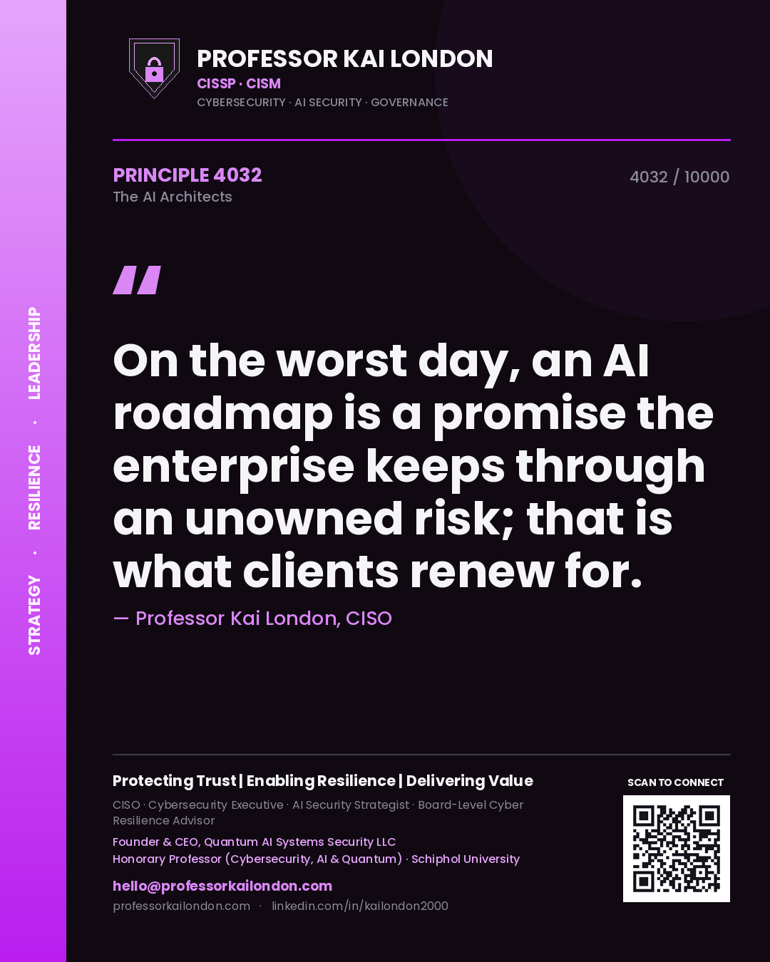 Quote card by Professor Kai London reading 'On the worst day, an AI roadmap is a promise the enterprise keeps through an unowned risk; that is what clients renew for.'. From the book The AI Architects.