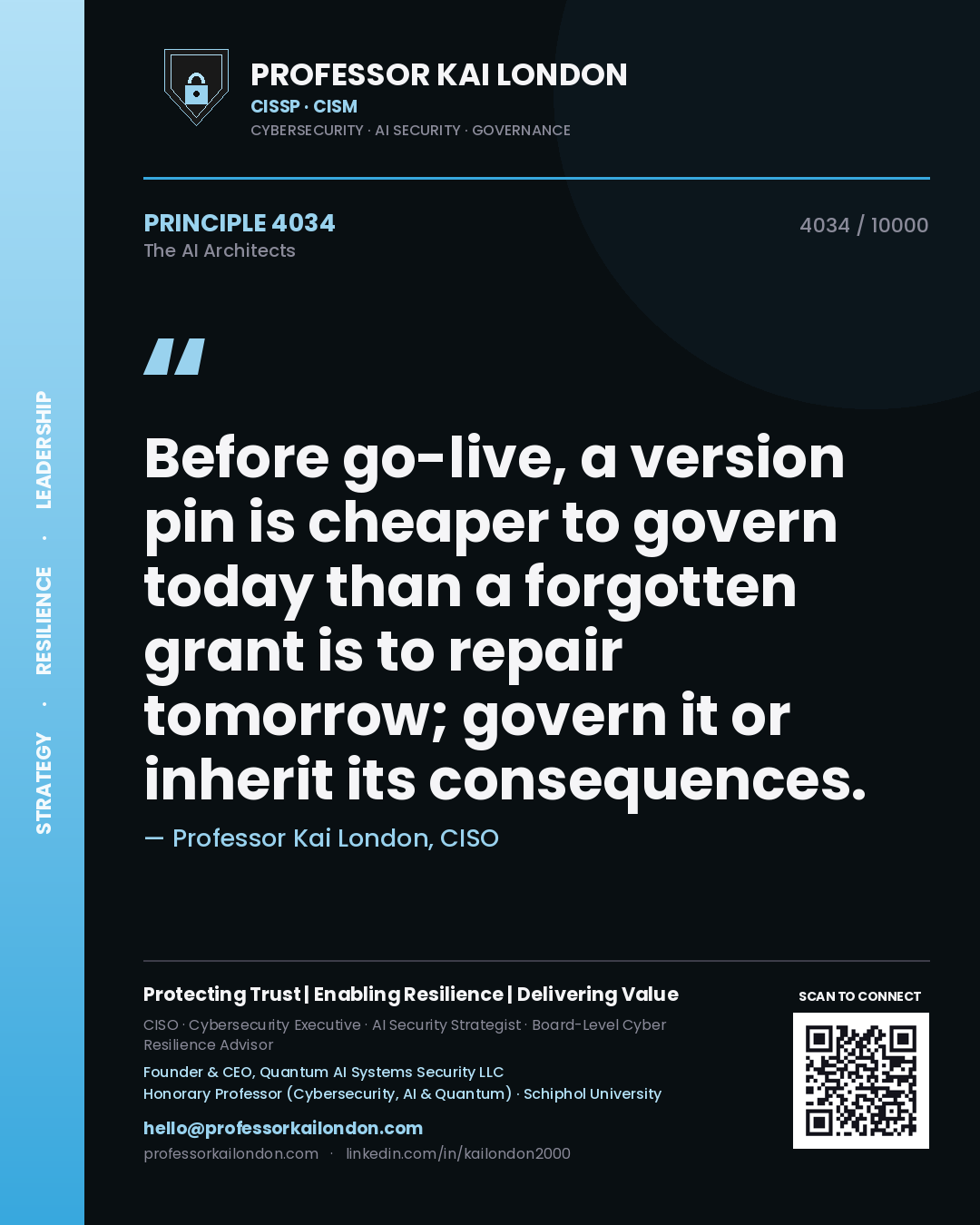 Quote card by Professor Kai London reading 'Before go-live, a version pin is cheaper to govern today than a forgotten grant is to repair tomorrow; govern it or inherit its consequences.'. From the book The AI Architects.