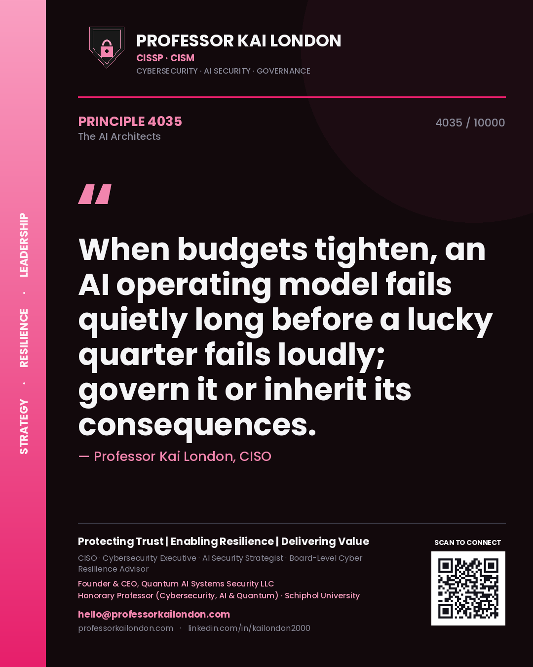 Quote card by Professor Kai London reading 'When budgets tighten, an AI operating model fails quietly long before a lucky quarter fails loudly; govern it or inherit its consequences.'. From the book The AI Architects.
