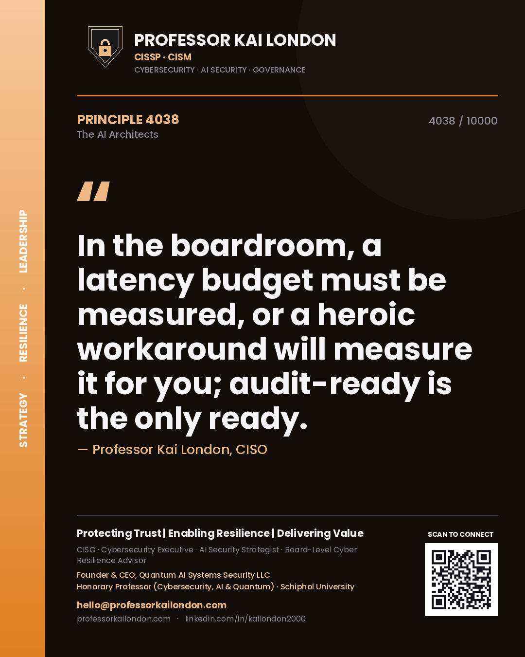Quote card by Professor Kai London reading 'In the boardroom, a latency budget must be measured, or a heroic workaround will measure it for you; audit-ready is the only ready.'. From the book The AI Architects.