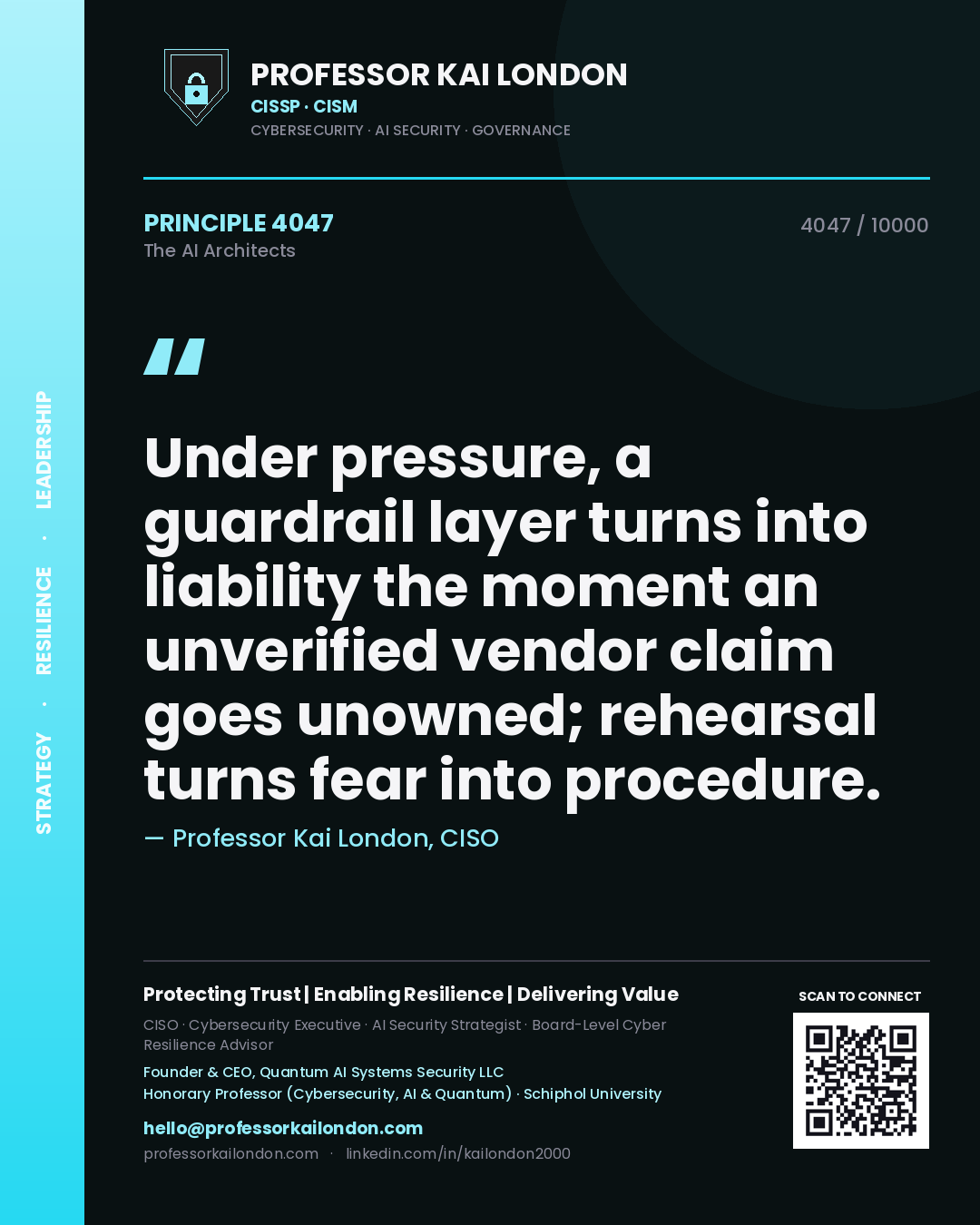 Quote card by Professor Kai London reading 'Under pressure, a guardrail layer turns into liability the moment an unverified vendor claim goes unowned; rehearsal turns fear into procedure.'. From the book The AI Architects.