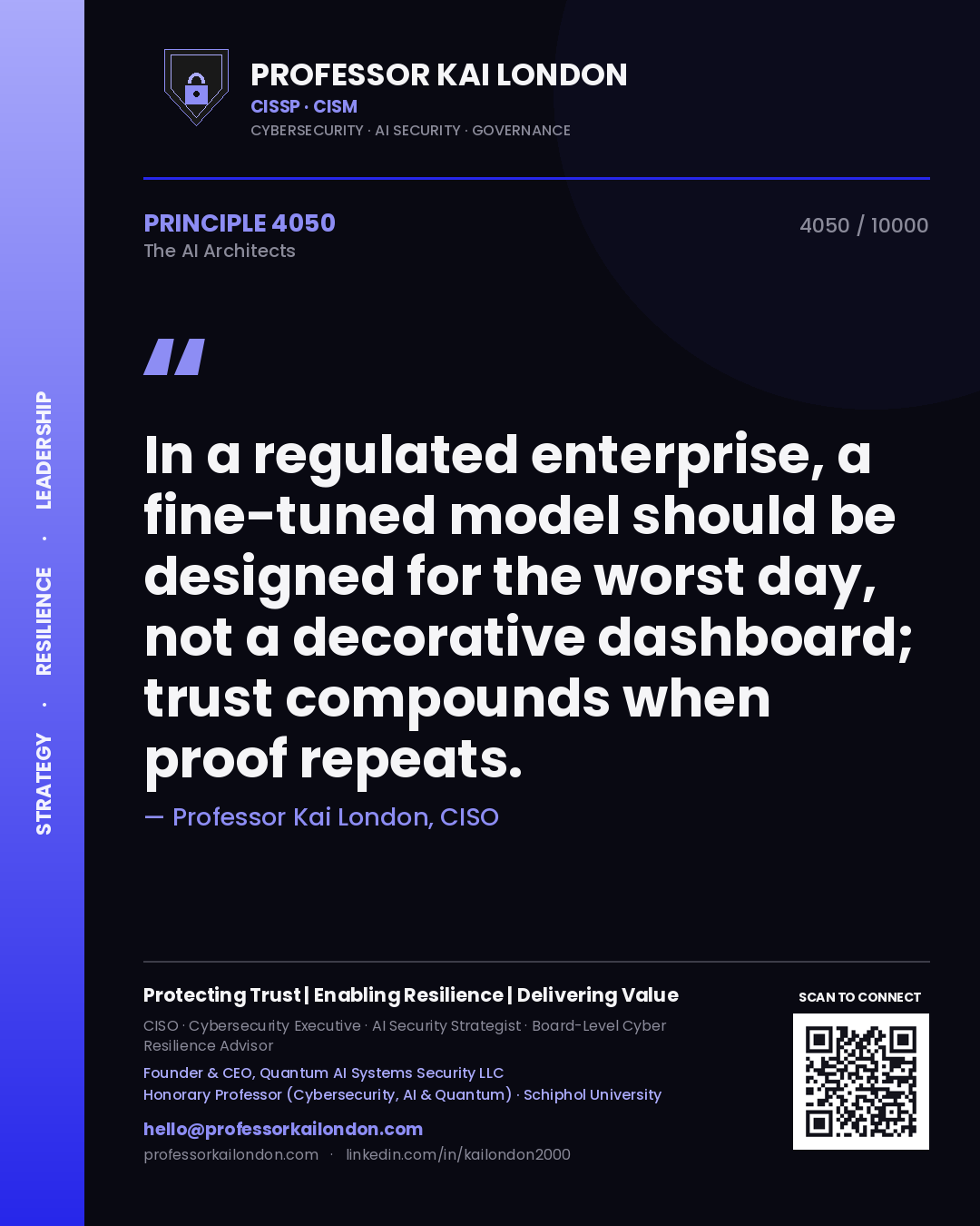 Quote card by Professor Kai London reading 'In a regulated enterprise, a fine-tuned model should be designed for the worst day, not a decorative dashboard; trust compounds when proof repeats.'. From the book The AI Architects.