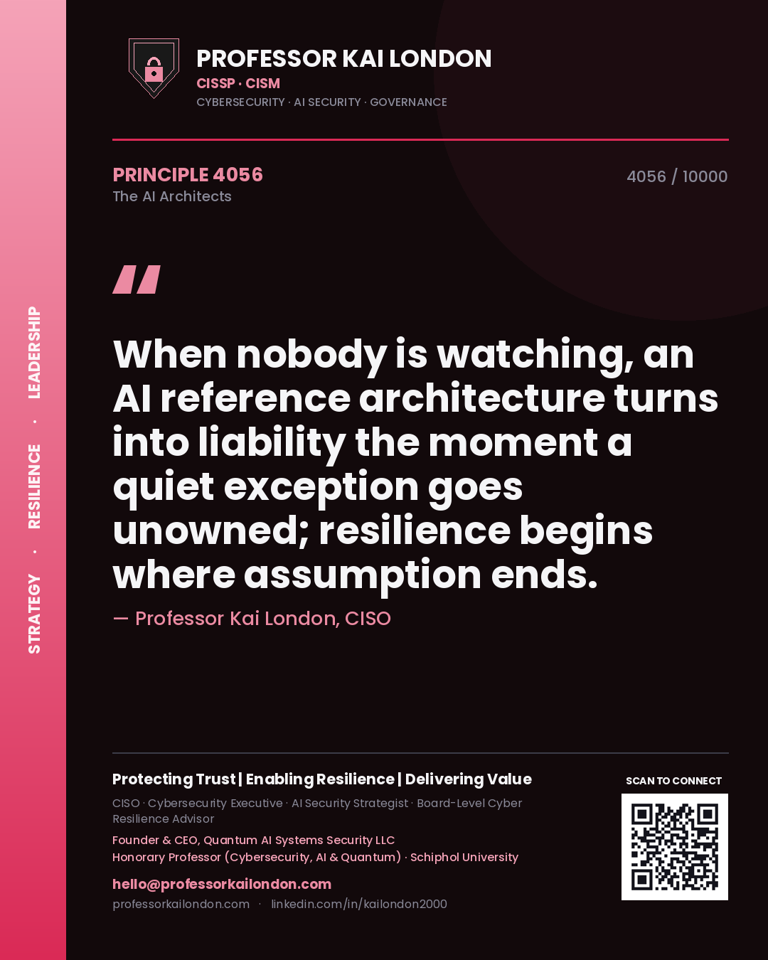 Quote card by Professor Kai London reading 'When nobody is watching, an AI reference architecture turns into liability the moment a quiet exception goes unowned; resilience begins where assumption ends.'. From the book The AI Architects.