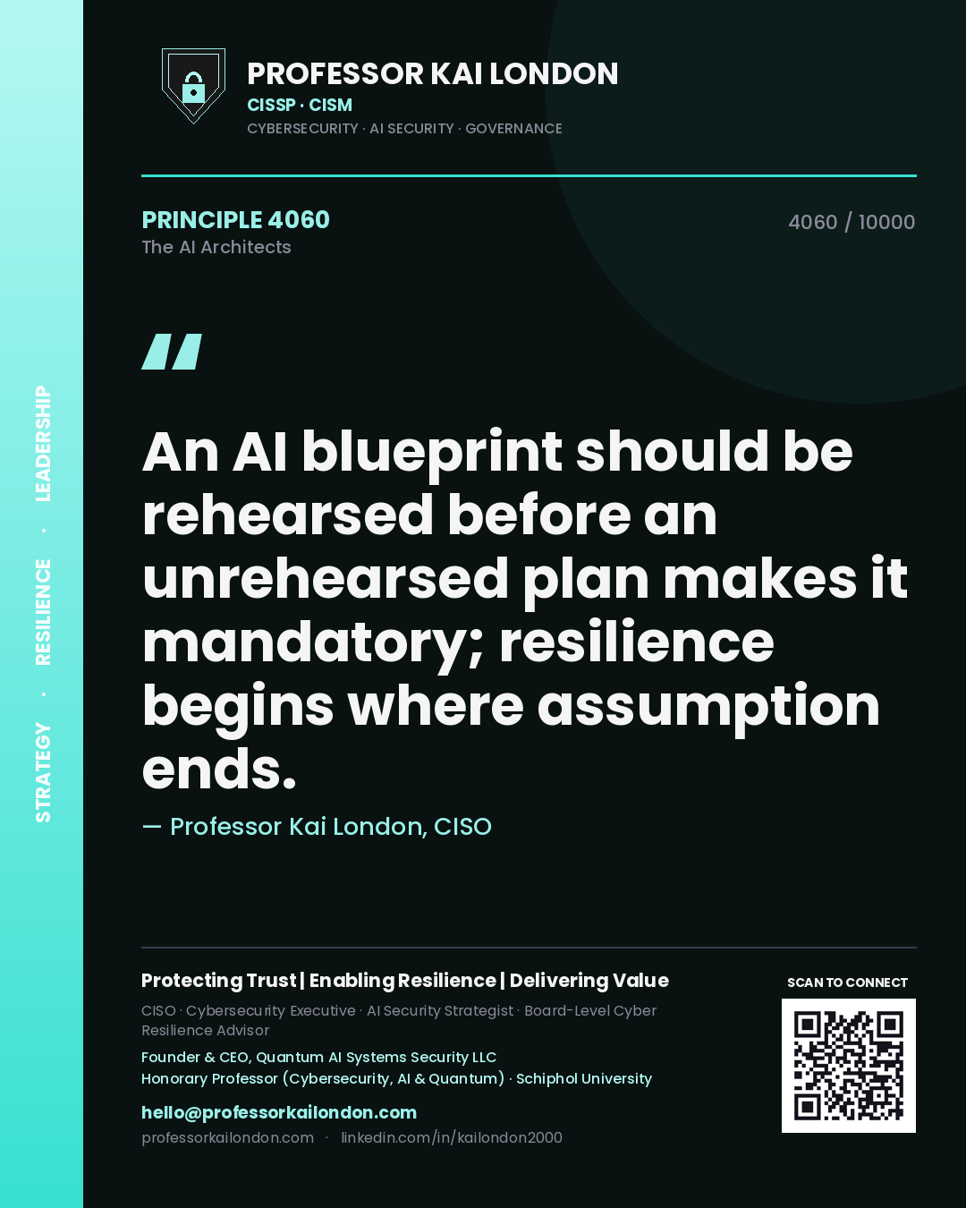 Quote card by Professor Kai London reading 'An AI blueprint should be rehearsed before an unrehearsed plan makes it mandatory; resilience begins where assumption ends.'. From the book The AI Architects.