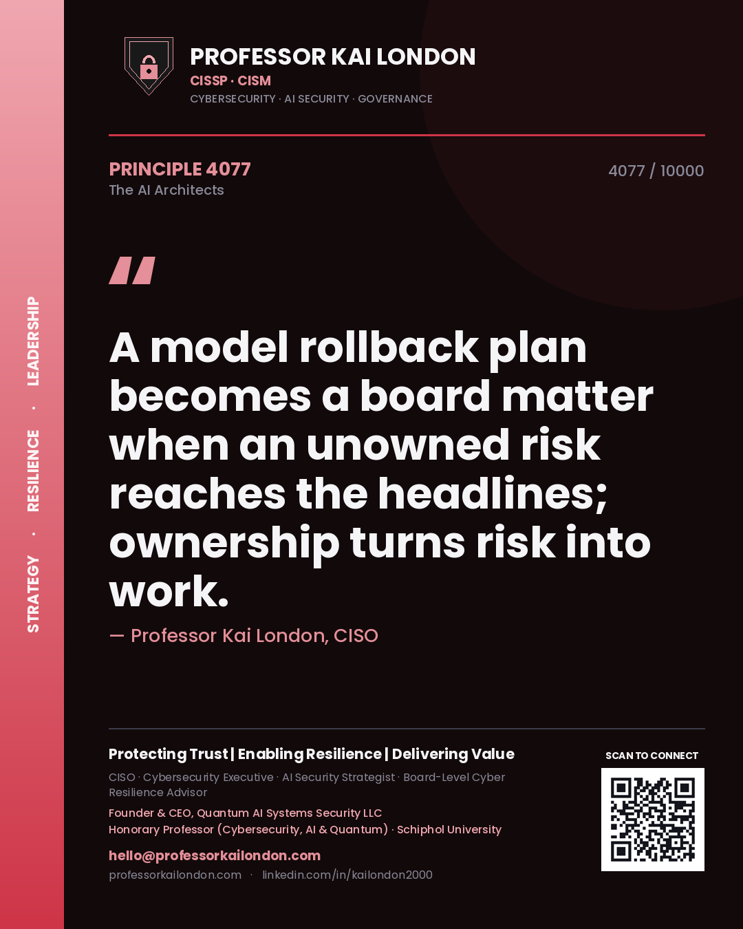 Quote card by Professor Kai London reading 'A model rollback plan becomes a board matter when an unowned risk reaches the headlines; ownership turns risk into work.'. From the book The AI Architects.