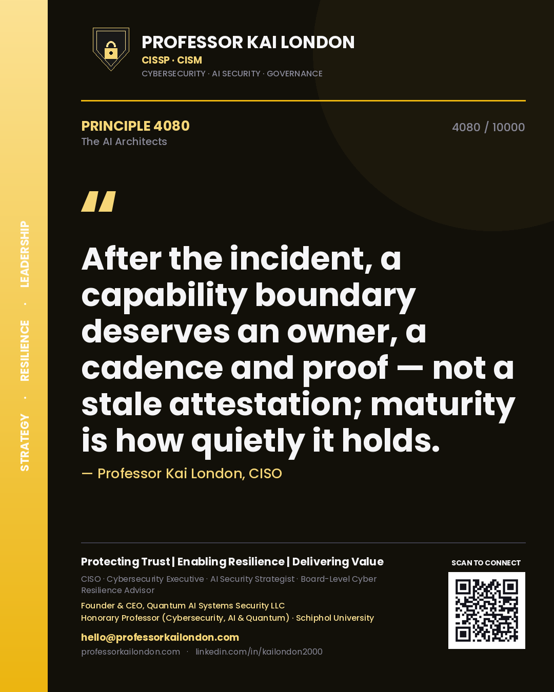 Quote card by Professor Kai London reading 'After the incident, a capability boundary deserves an owner, a cadence and proof — not a stale attestation; maturity is how quietly it holds.'. From the book The AI Architects.