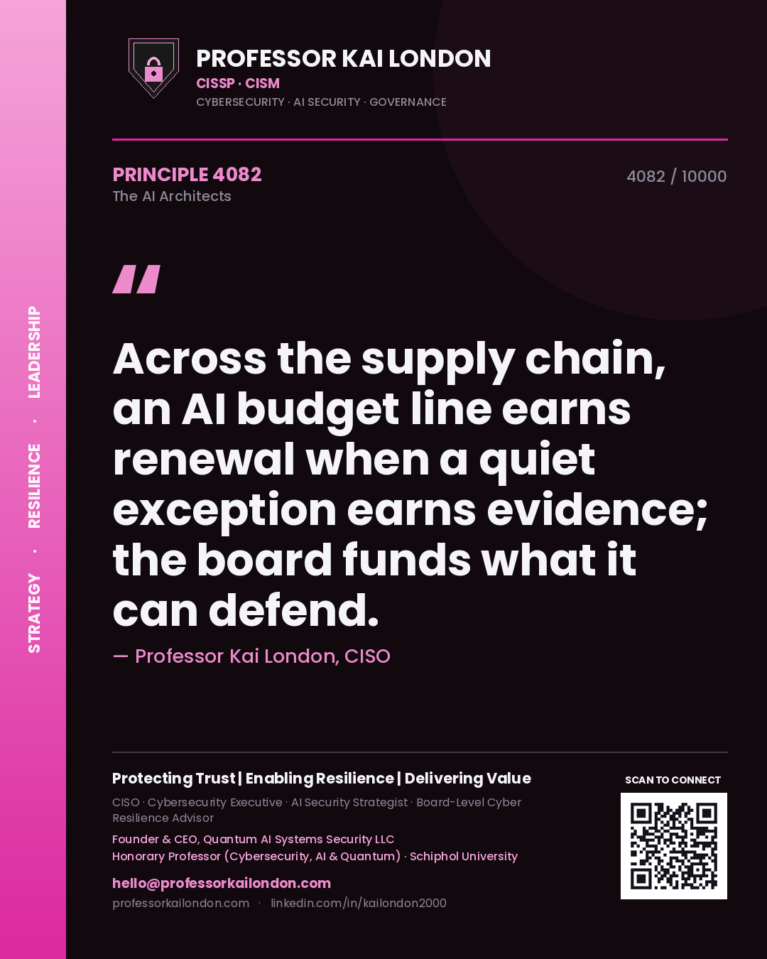 Quote card by Professor Kai London reading 'Across the supply chain, an AI budget line earns renewal when a quiet exception earns evidence; the board funds what it can defend.'. From the book The AI Architects.