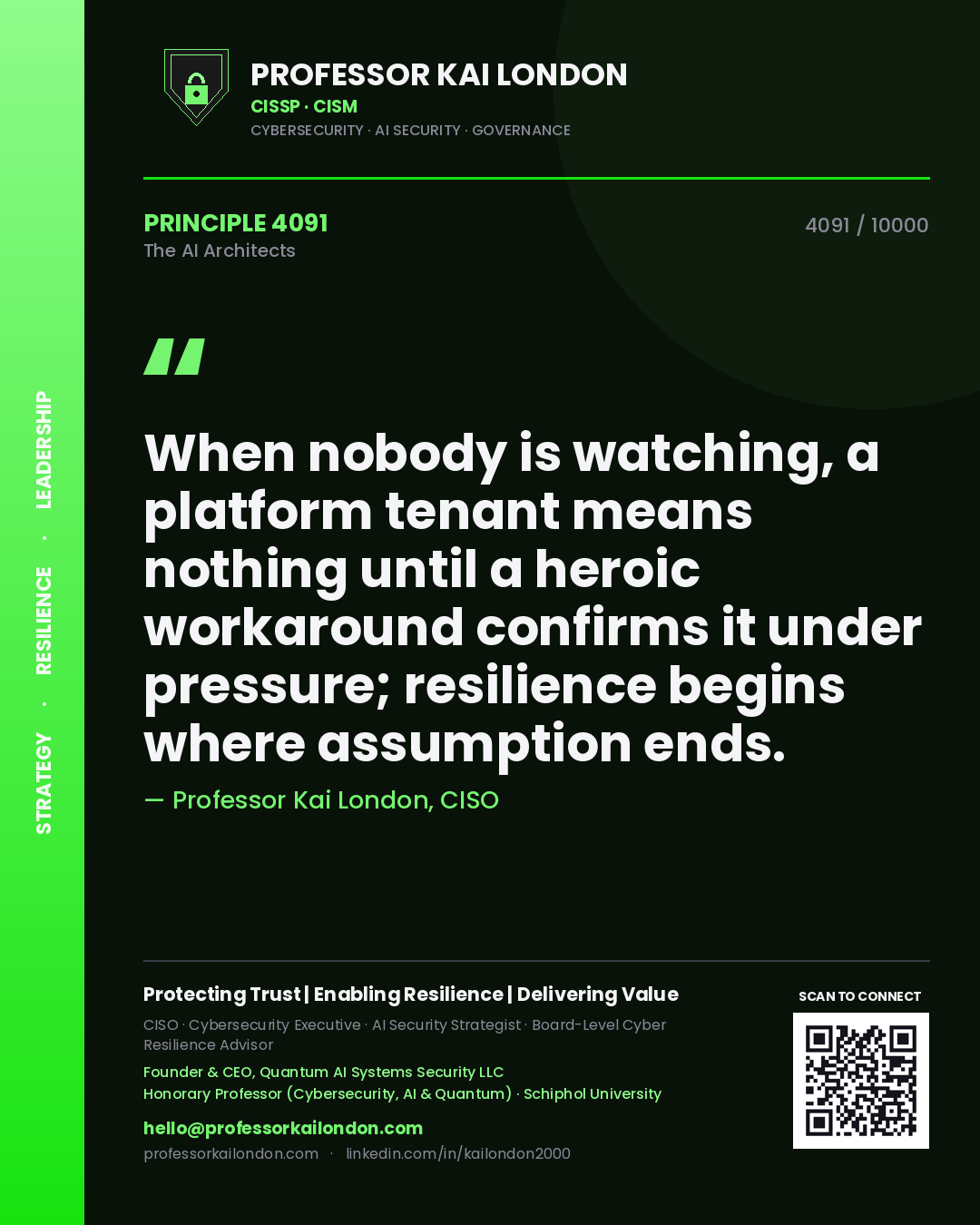 Quote card by Professor Kai London reading 'When nobody is watching, a platform tenant means nothing until a heroic workaround confirms it under pressure; resilience begins where assumption ends.'. From the book The AI Architects.