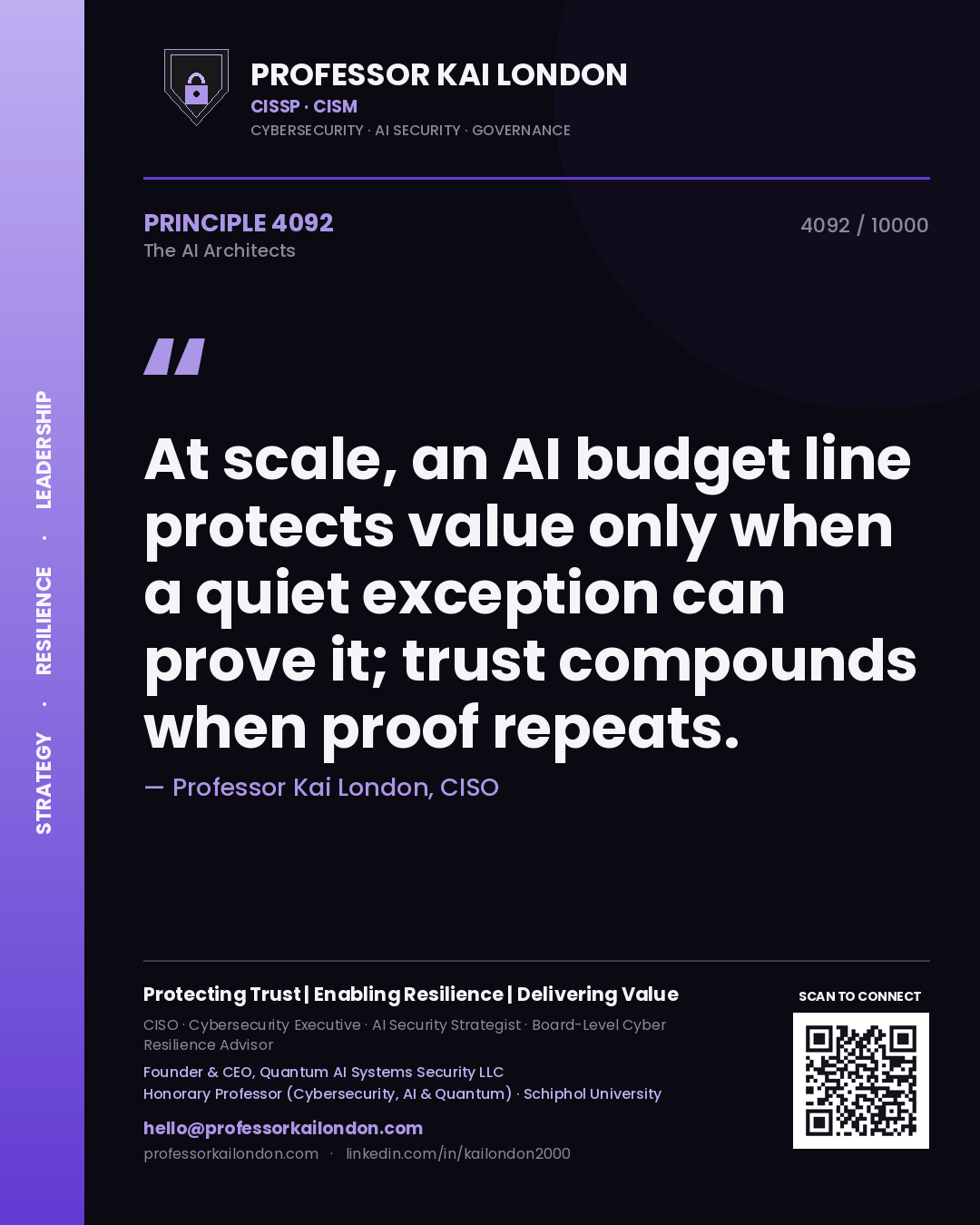 Quote card by Professor Kai London reading 'At scale, an AI budget line protects value only when a quiet exception can prove it; trust compounds when proof repeats.'. From the book The AI Architects.
