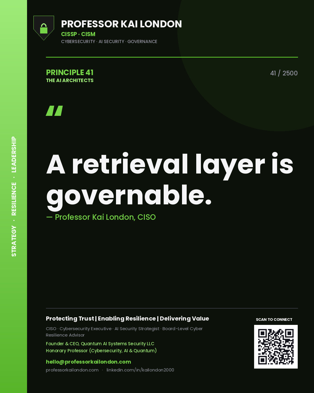 Quote card by Professor Kai London reading 'A retrieval layer is governable.'. From the book The AI Architects.