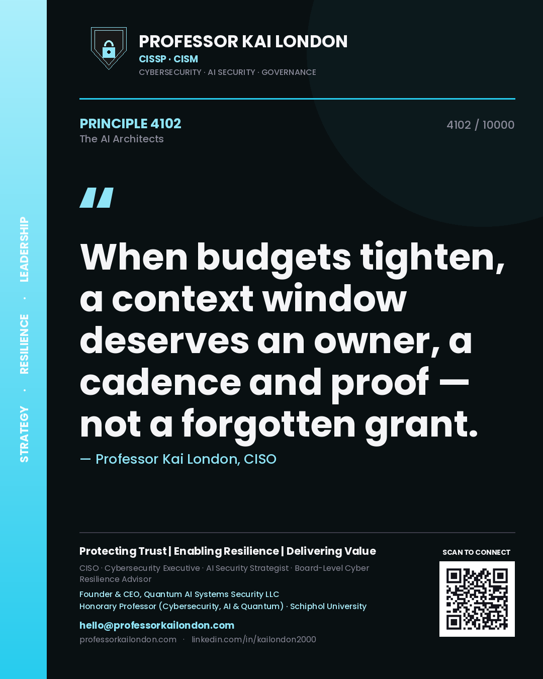 Quote card by Professor Kai London reading 'When budgets tighten, a context window deserves an owner, a cadence and proof — not a forgotten grant.'. From the book The AI Architects.