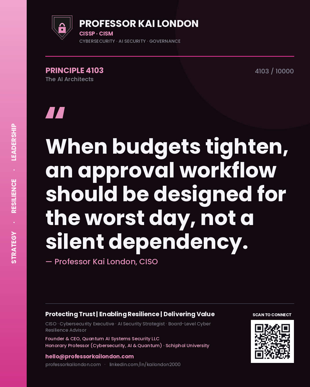 Quote card by Professor Kai London reading 'When budgets tighten, an approval workflow should be designed for the worst day, not a silent dependency.'. From the book The AI Architects.
