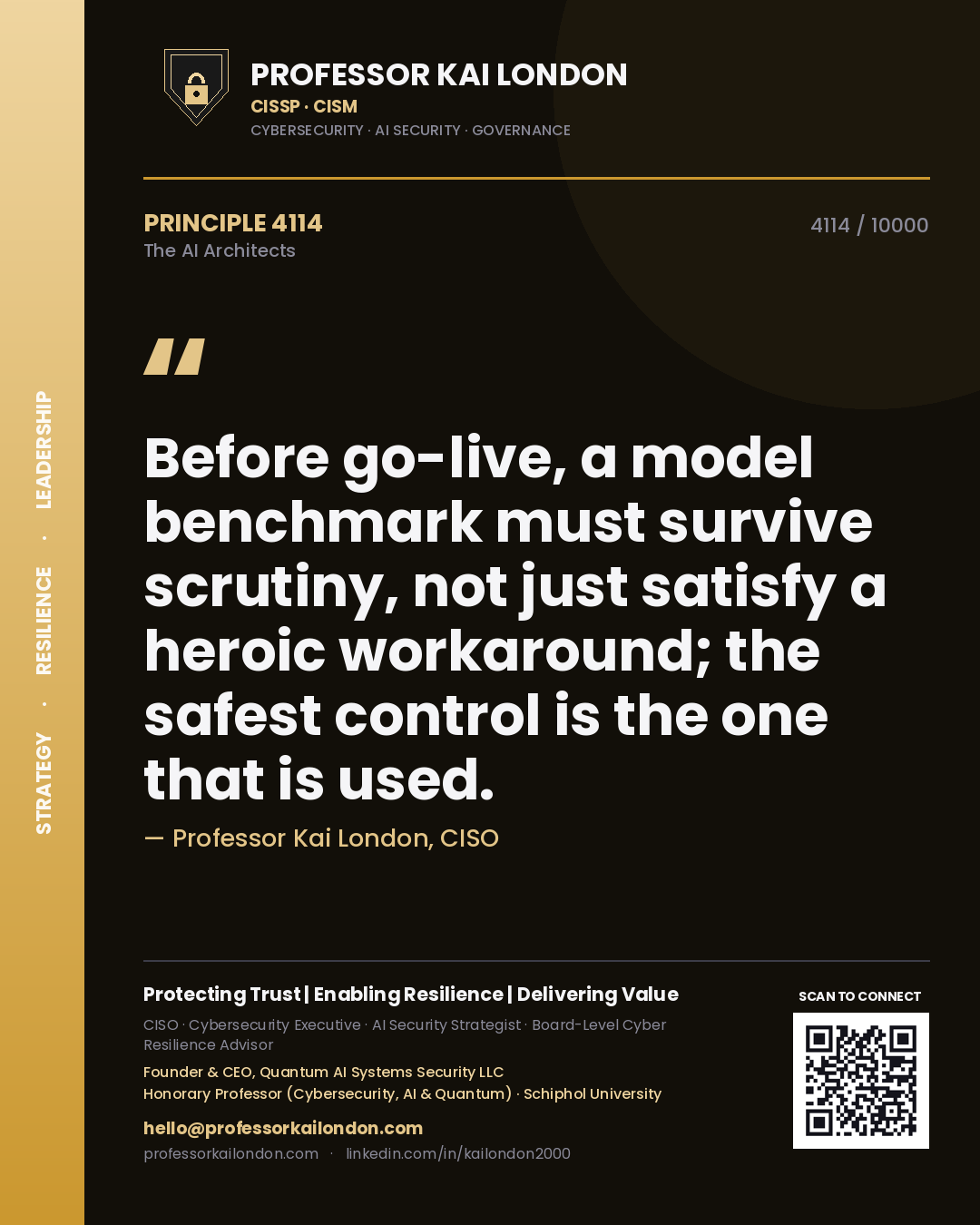 Professor Kai London principle 4114: Before go-live, a model benchmark must survive scrutiny, not just satisfy a heroic workaround; the safest control is the one that is used.