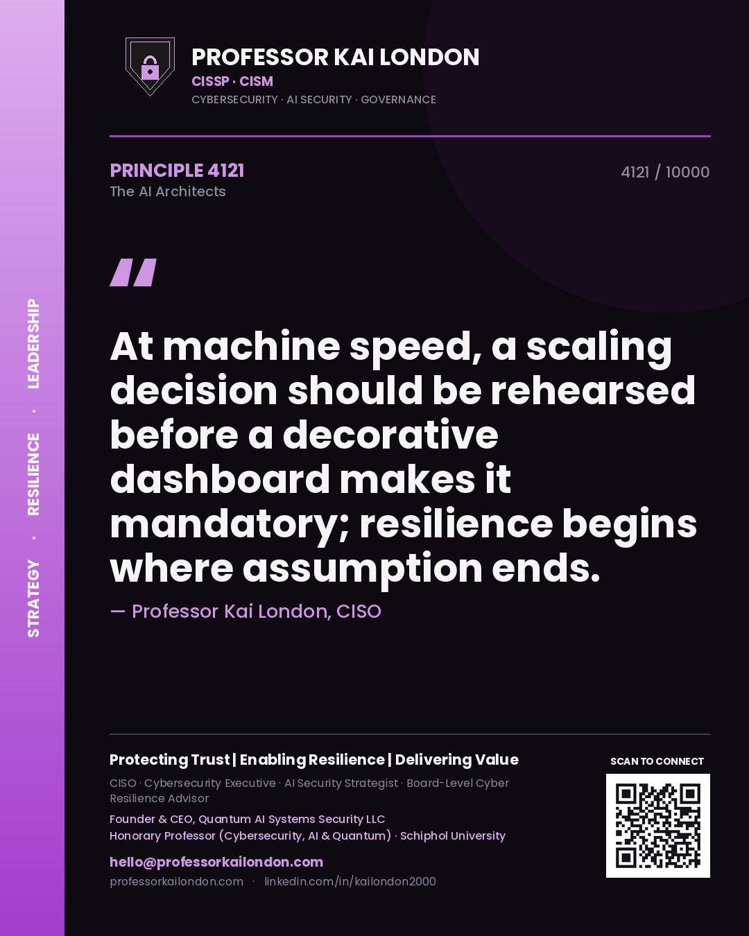 Quote card by Professor Kai London reading 'At machine speed, a scaling decision should be rehearsed before a decorative dashboard makes it mandatory; resilience begins where assumption ends.'. From the book The AI Architects.