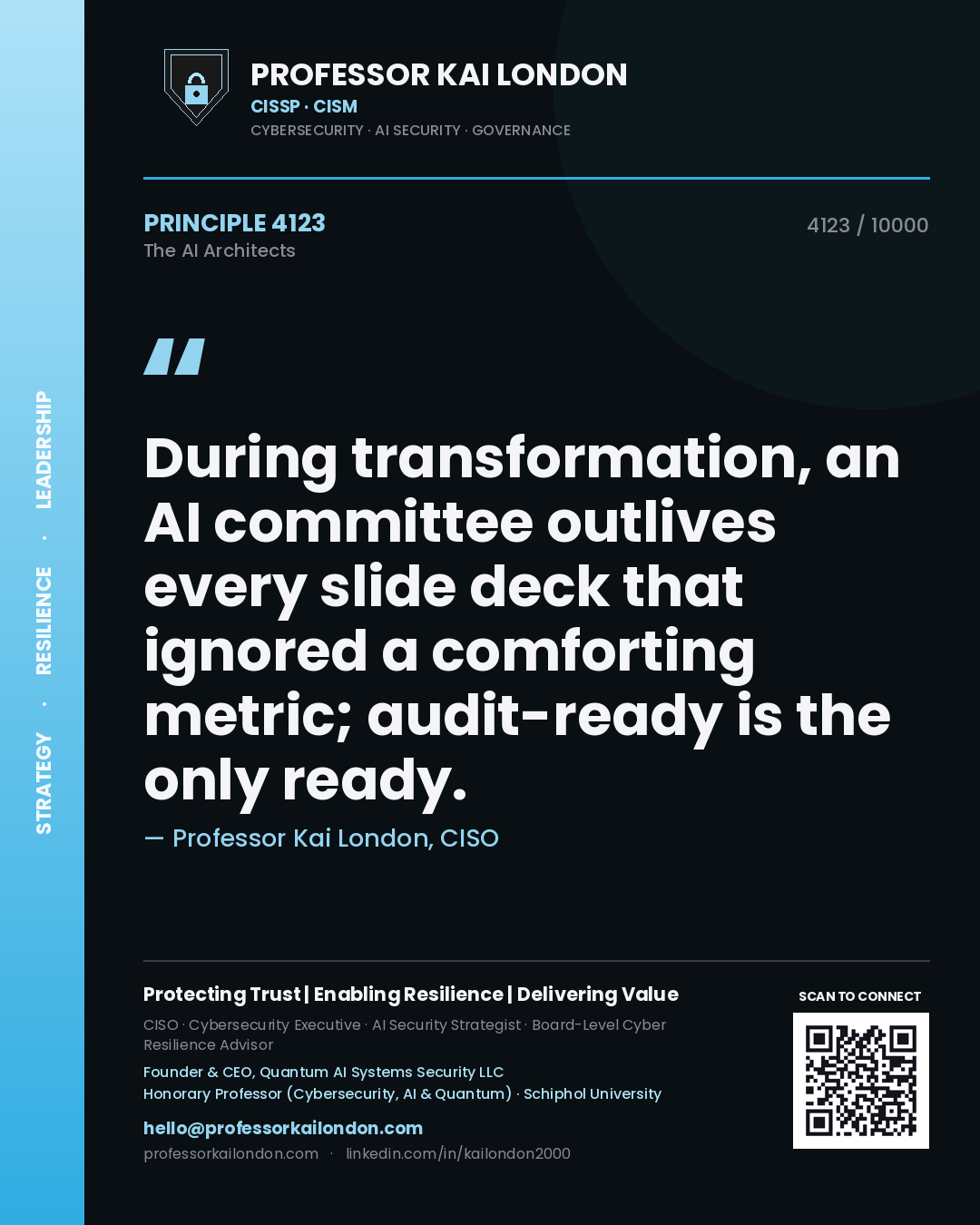 Quote card by Professor Kai London reading 'During transformation, an AI committee outlives every slide deck that ignored a comforting metric; audit-ready is the only ready.'. From the book The AI Architects.